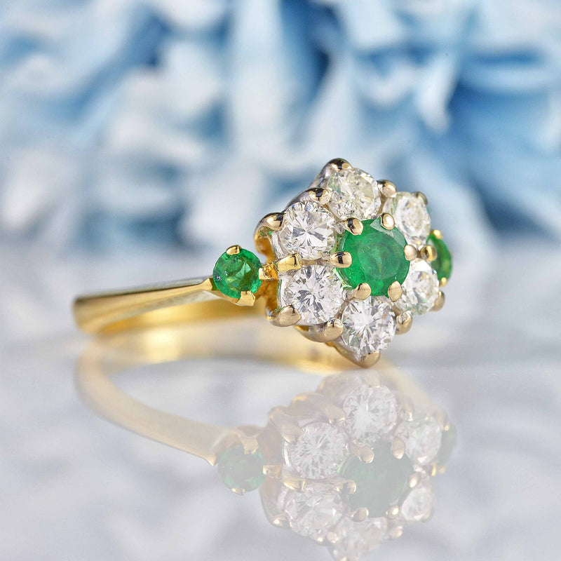 Ellibelle Jewellery Vintage Emerald & Diamond 18ct Gold Daisy Cluster Ring