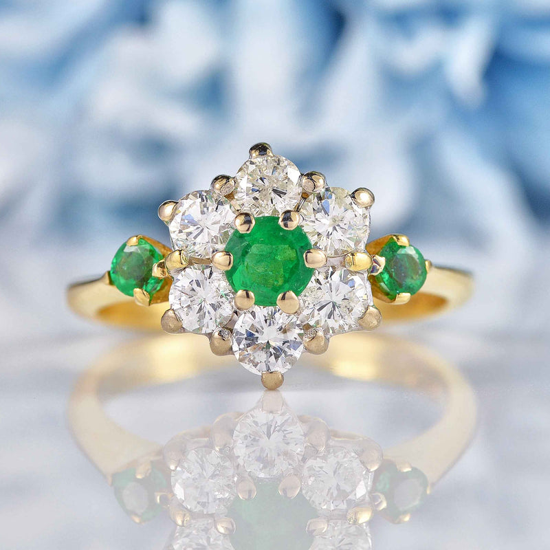 Ellibelle Jewellery Vintage Emerald & Diamond 18ct Gold Daisy Cluster Ring