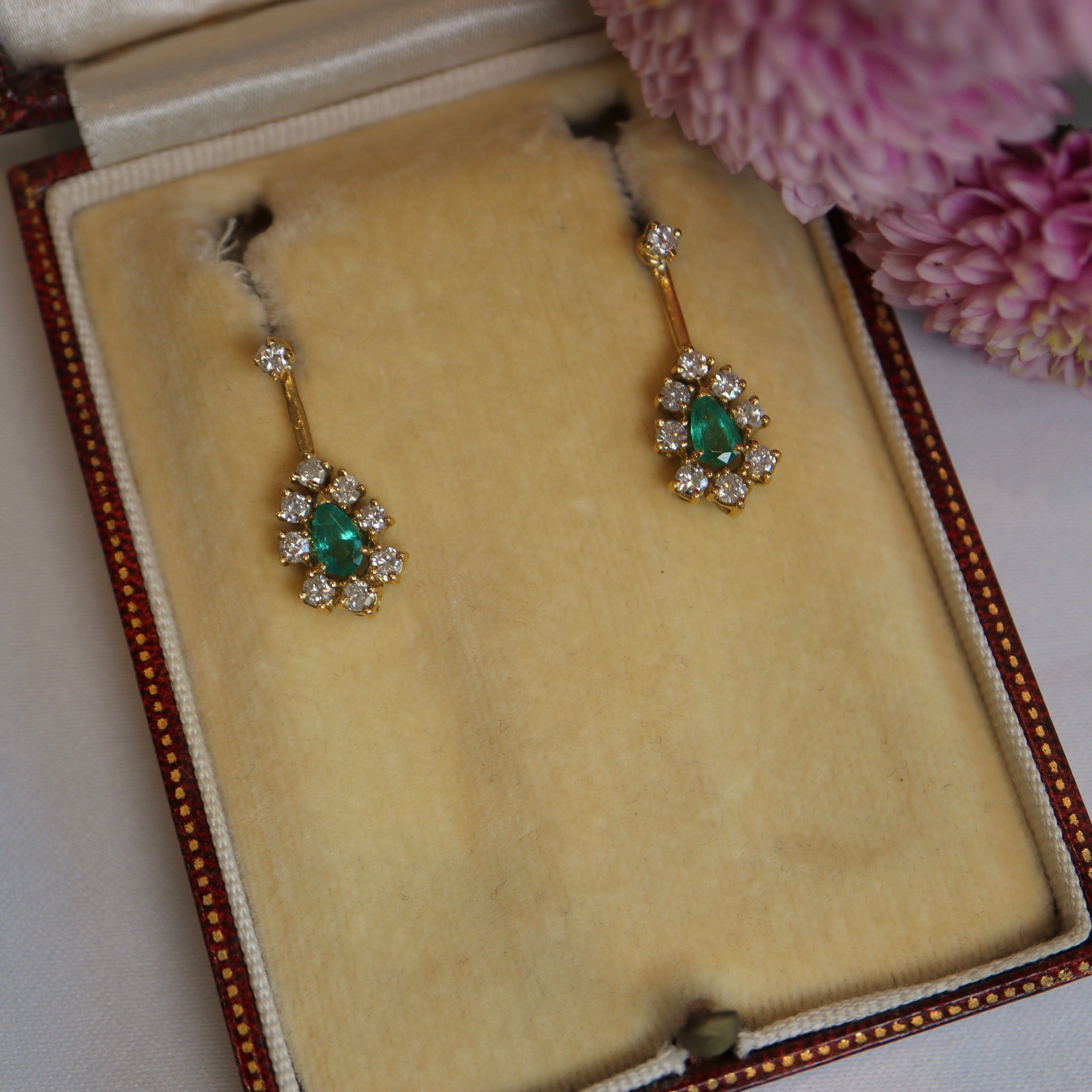 Ellibelle Jewellery Vintage Emerald & Diamond 18ct Gold Drop Earrings