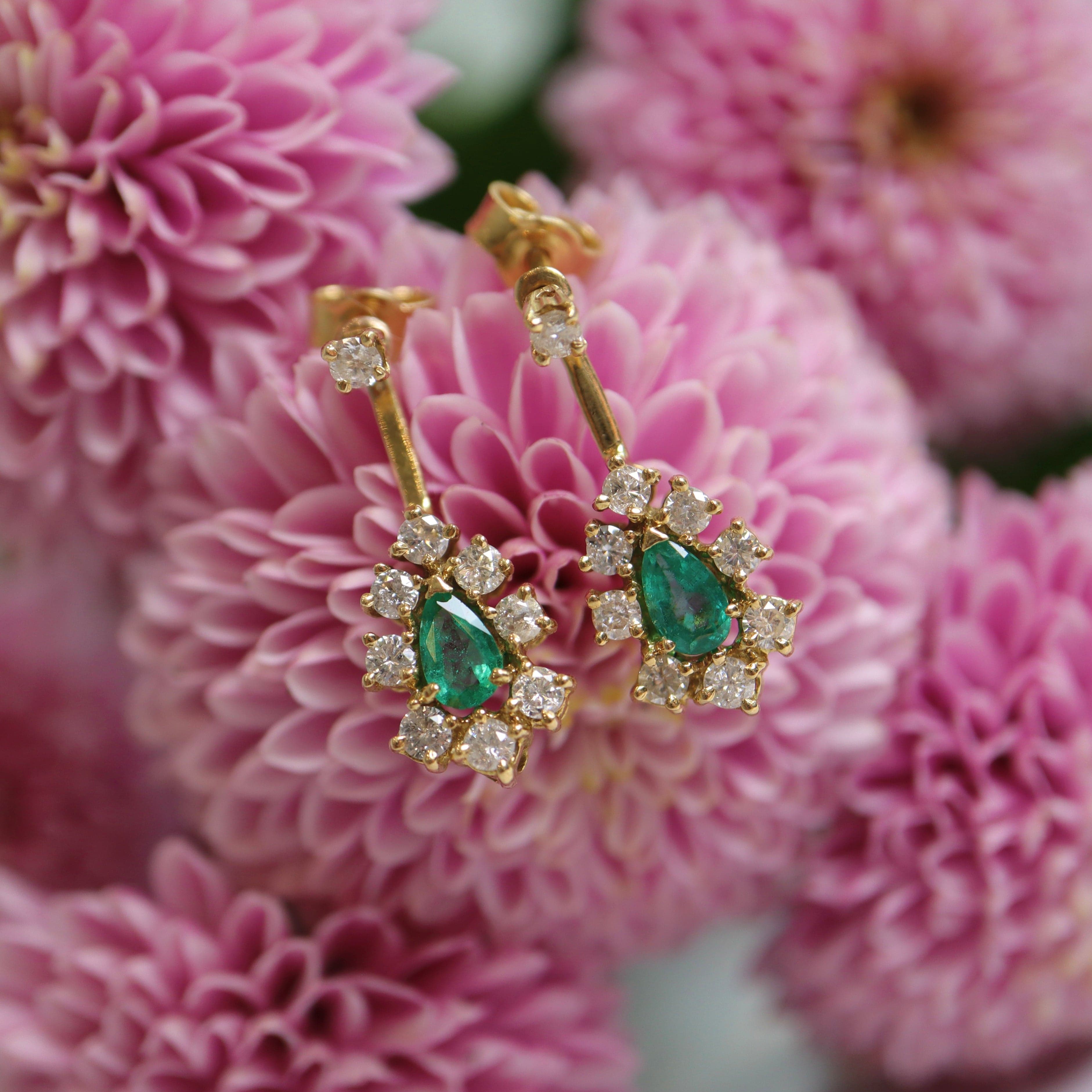 Ellibelle Jewellery Vintage Emerald & Diamond 18ct Gold Drop Earrings