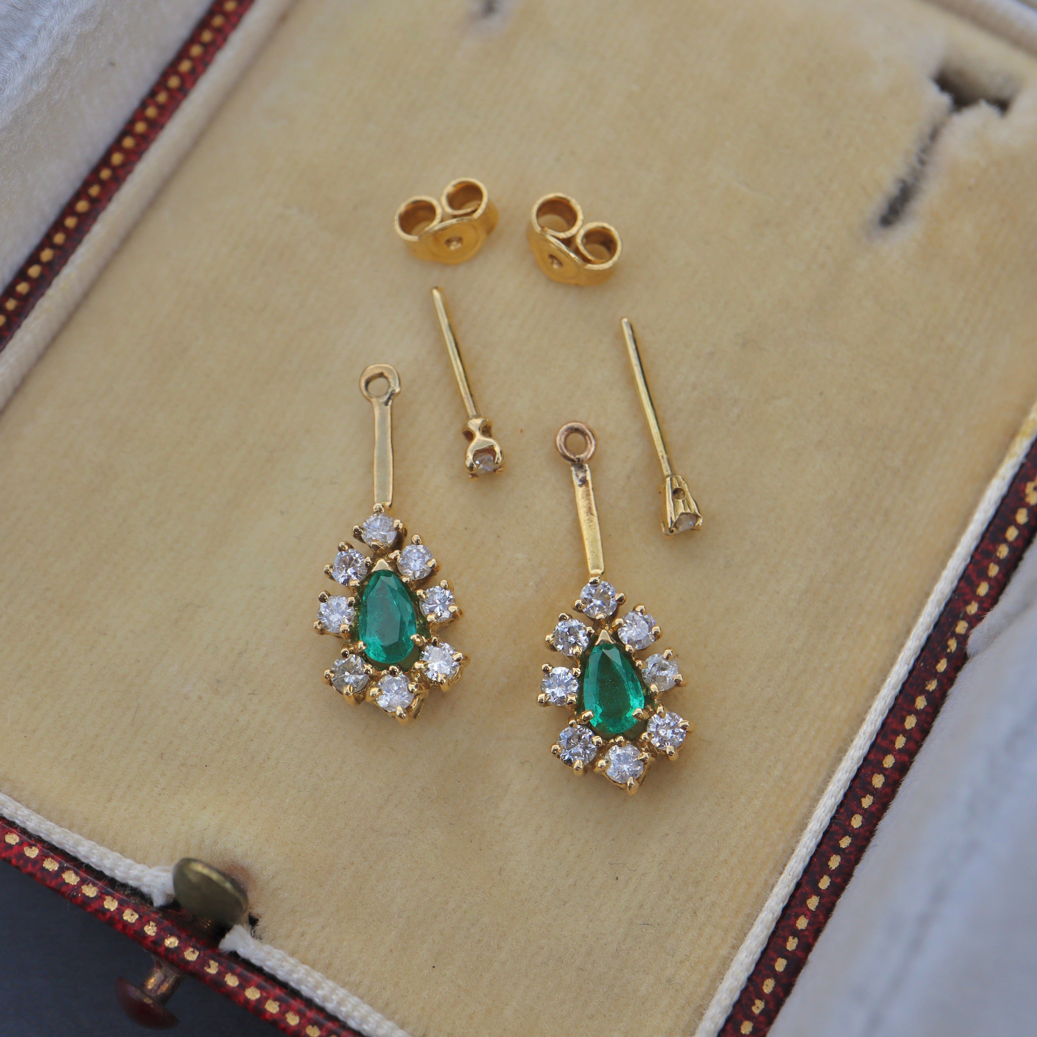 Ellibelle Jewellery Vintage Emerald & Diamond 18ct Gold Drop Earrings