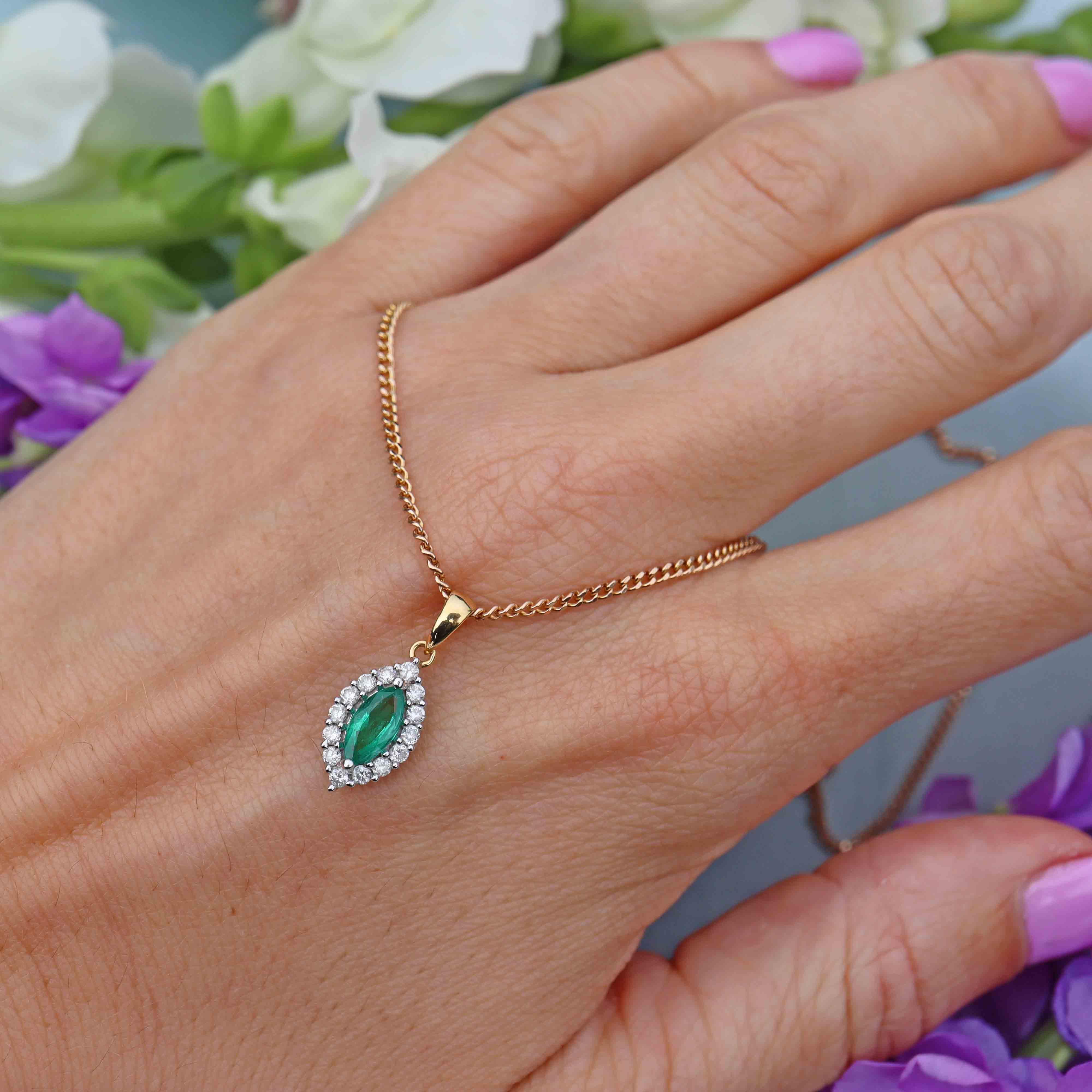 Ellibelle Jewellery Vintage Emerald & Diamond 18ct Gold Marquise Cluster Pendant Necklace