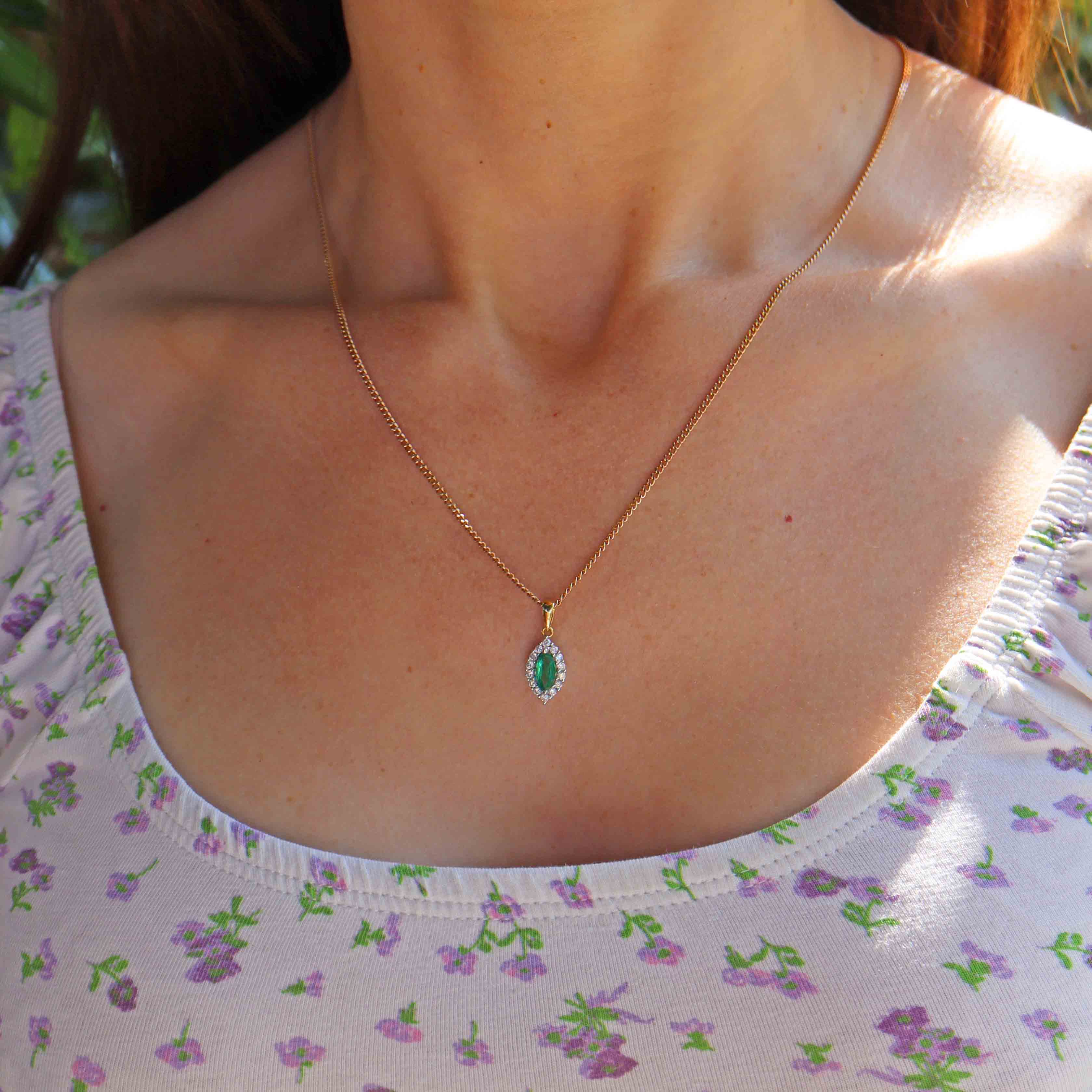 Ellibelle Jewellery Vintage Emerald & Diamond 18ct Gold Marquise Cluster Pendant Necklace