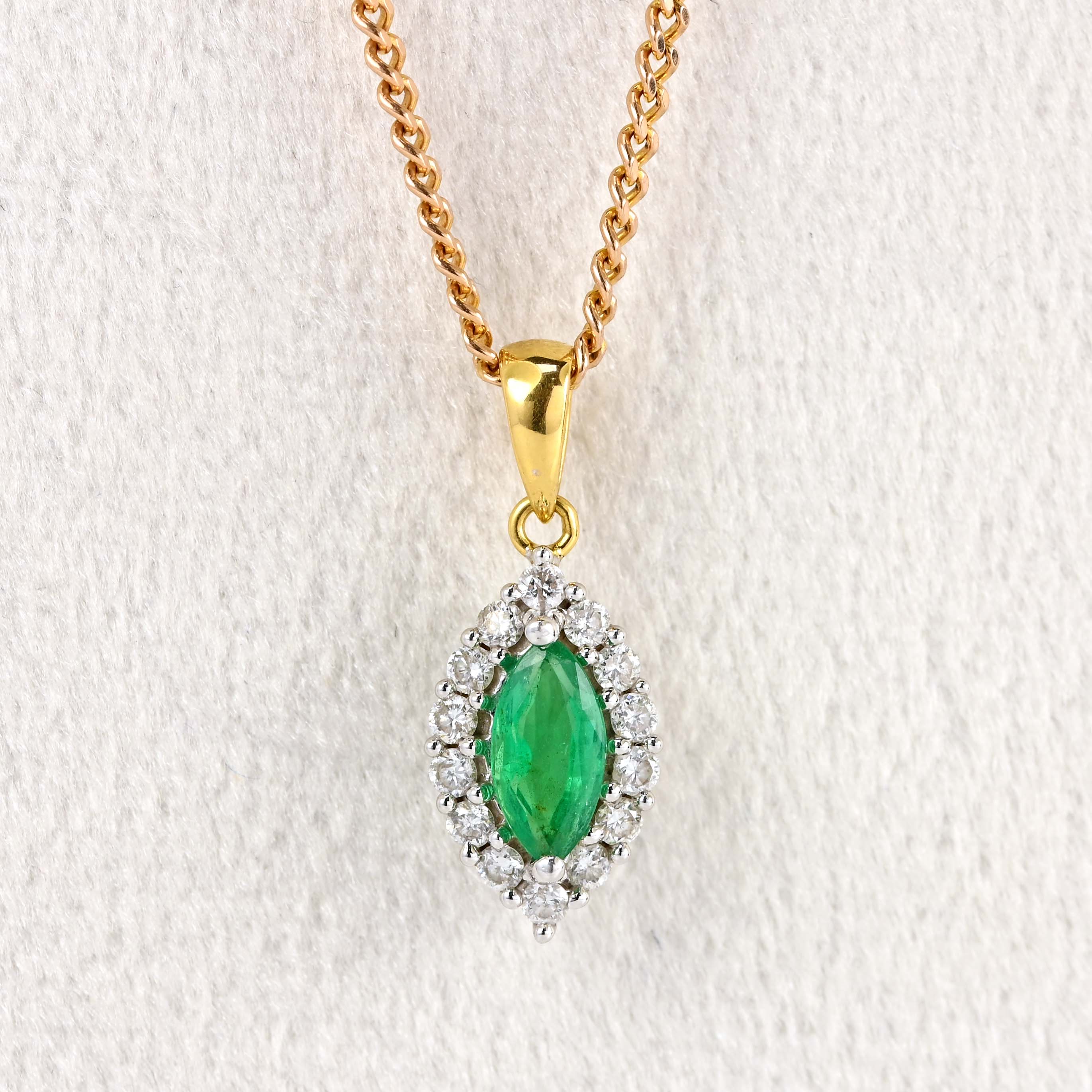 Ellibelle Jewellery Vintage Emerald & Diamond 18ct Gold Marquise Cluster Pendant Necklace