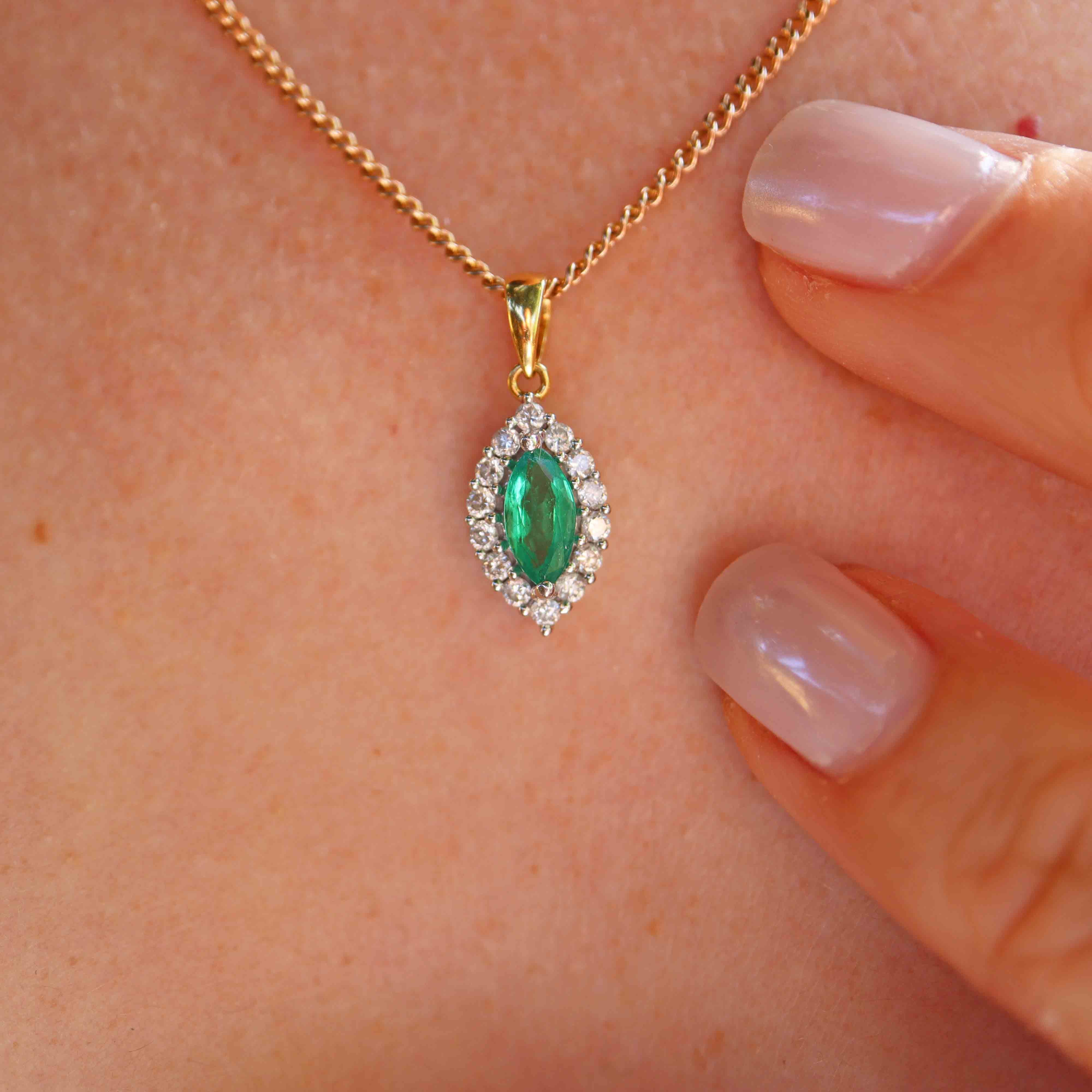 Ellibelle Jewellery Vintage Emerald & Diamond 18ct Gold Marquise Cluster Pendant Necklace