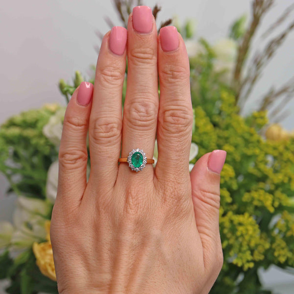 Ellibelle Jewellery Vintage Emerald & Diamond 18ct Gold Oval Cluster Engagement Ring