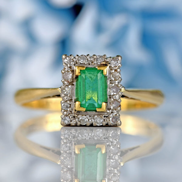 Ellibelle Jewellery Vintage Emerald & Diamond 18ct Gold Platinum Cluster Ring