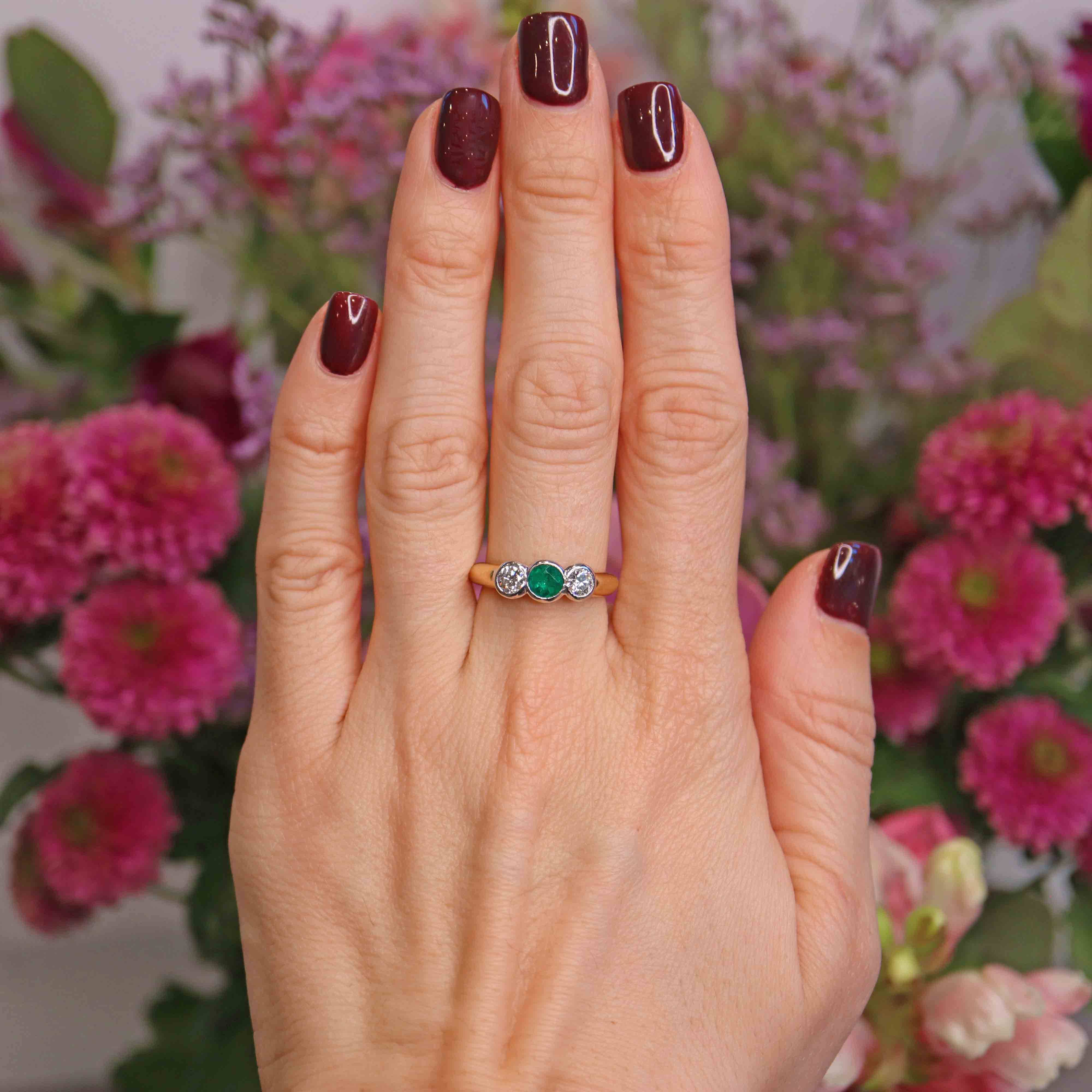 Ellibelle Jewellery Vintage Emerald & Diamond 18ct Gold Three-Stone Engagement Ring (0.40cts)