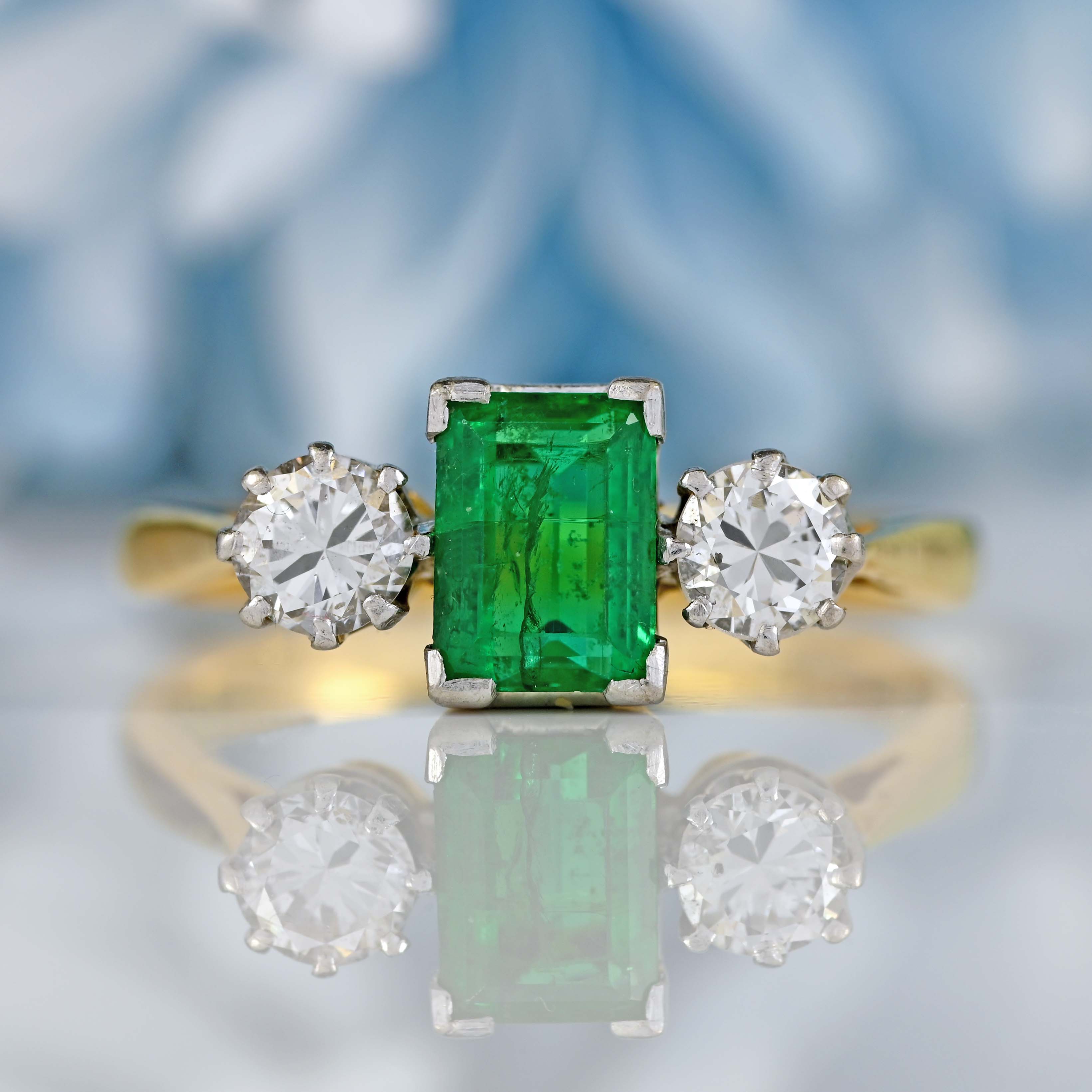 Ellibelle Jewellery Vintage Emerald & Diamond 18ct Gold Three-Stone Engagement Ring (0.62cts)