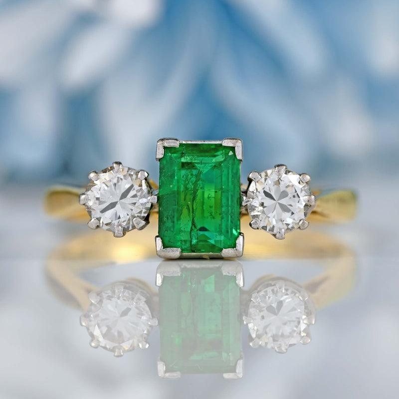 Ellibelle Jewellery Vintage Emerald & Diamond 18ct Gold Three-Stone Engagement Ring (0.62cts)