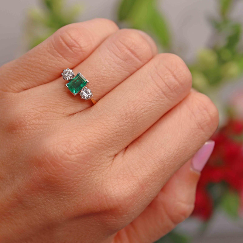 Ellibelle Jewellery Vintage Emerald & Diamond 18ct Gold Three-Stone Engagement Ring (0.62cts)