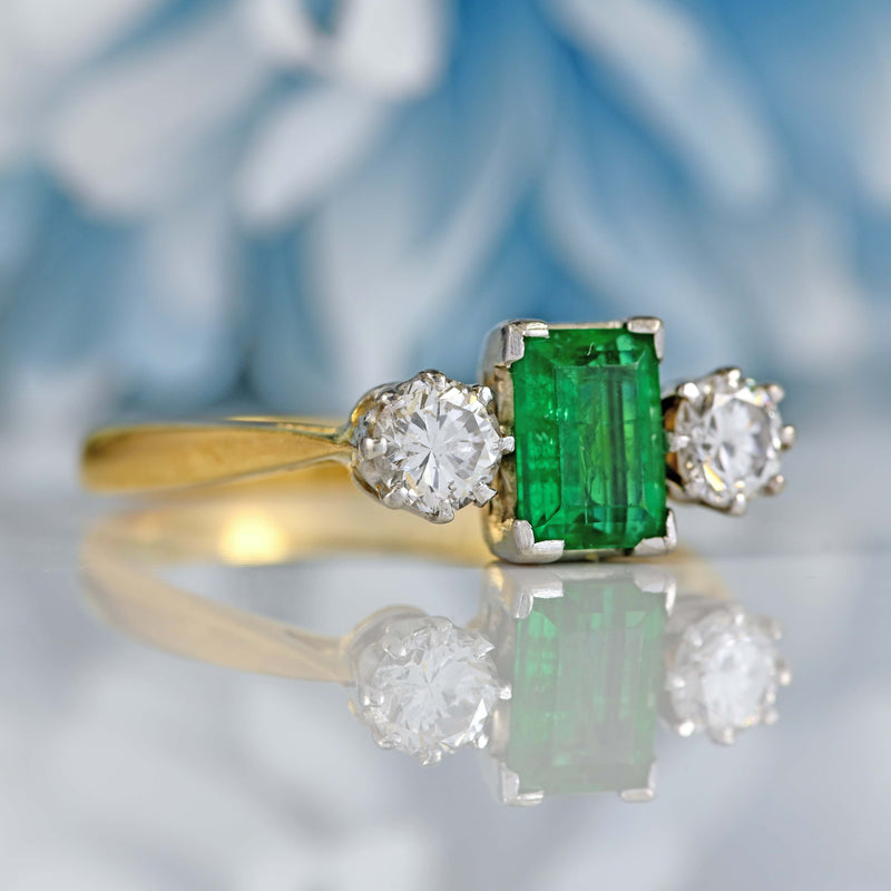 Ellibelle Jewellery Vintage Emerald & Diamond 18ct Gold Three-Stone Engagement Ring (0.62cts)