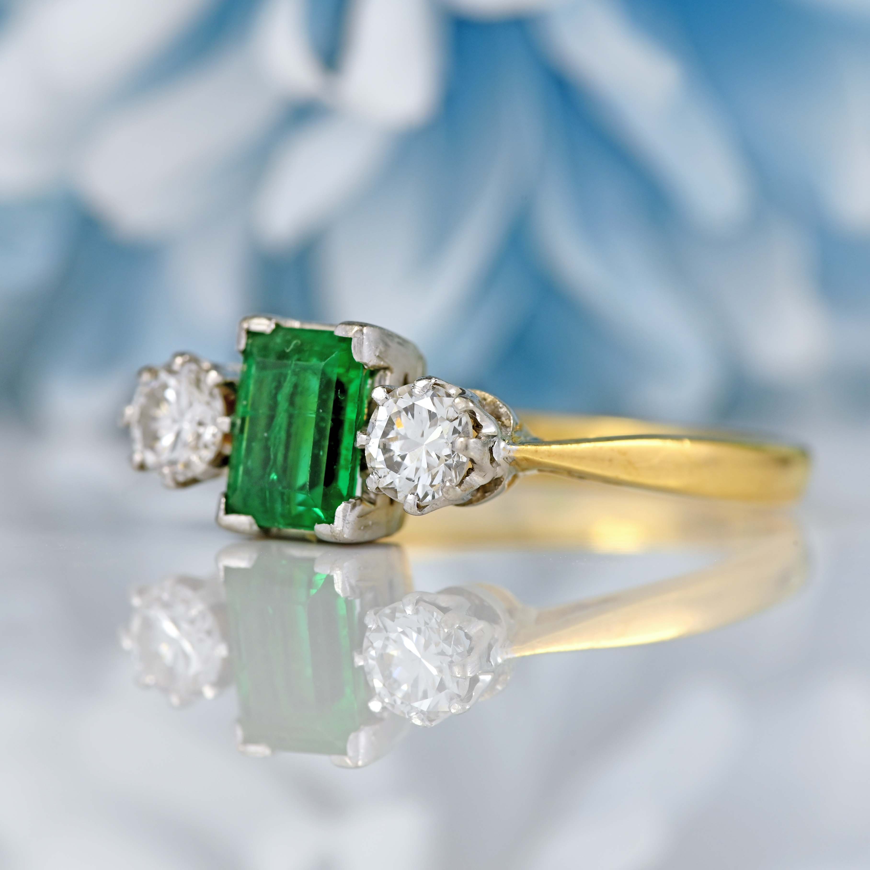 Ellibelle Jewellery Vintage Emerald & Diamond 18ct Gold Three-Stone Engagement Ring (0.62cts)