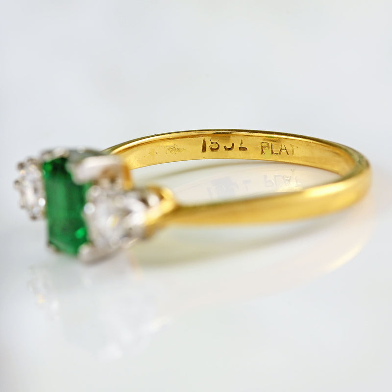 Ellibelle Jewellery Vintage Emerald & Diamond 18ct Gold Three-Stone Engagement Ring (0.62cts)