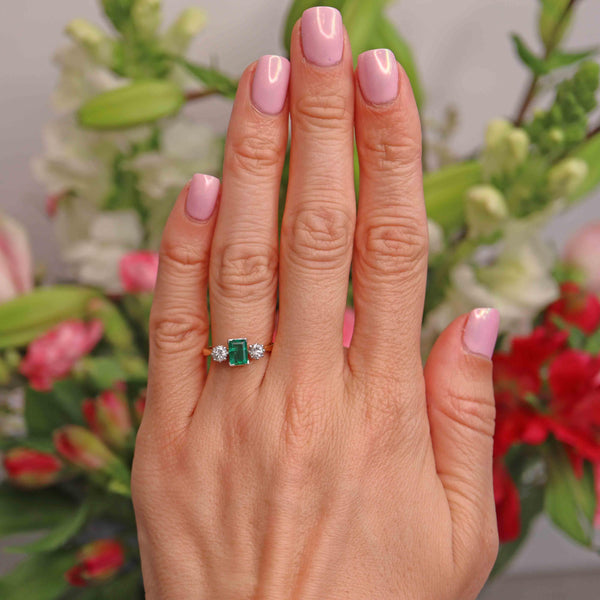 Ellibelle Jewellery Vintage Emerald & Diamond 18ct Gold Three-Stone Engagement Ring (0.62cts)