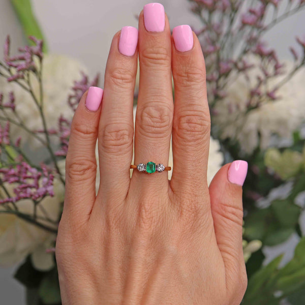 Ellibelle Jewellery Vintage Emerald & Diamond 18ct Gold Three-Stone Engagement Ring (c.1950)