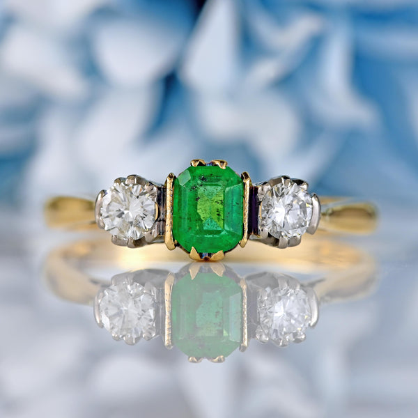 Ellibelle Jewellery Vintage Emerald & Diamond 18ct Gold Three-Stone Engagement Ring (c.1950)