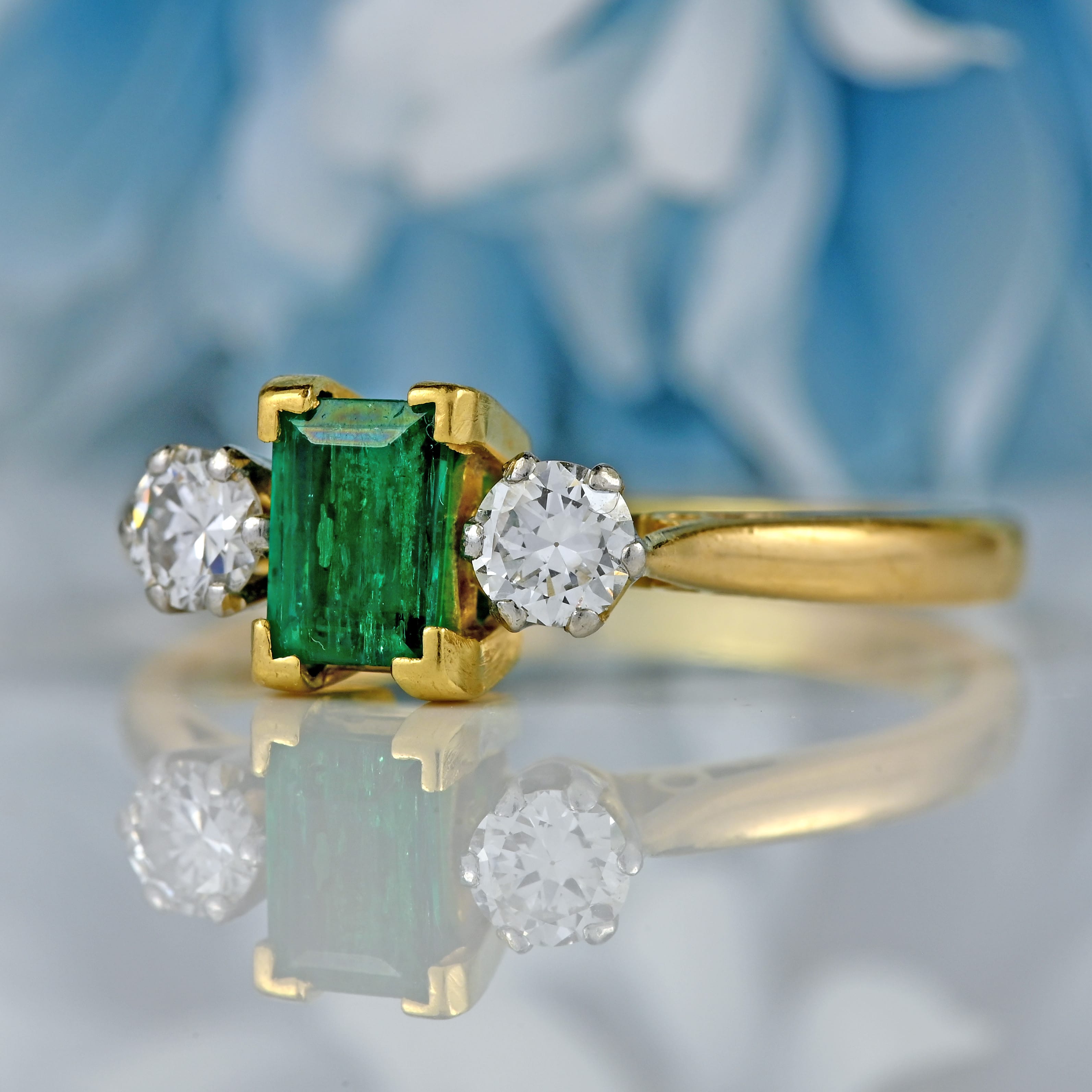 Ellibelle Jewellery Vintage Emerald & Diamond 18ct Gold Three-Stone Trilogy Engagement Ring