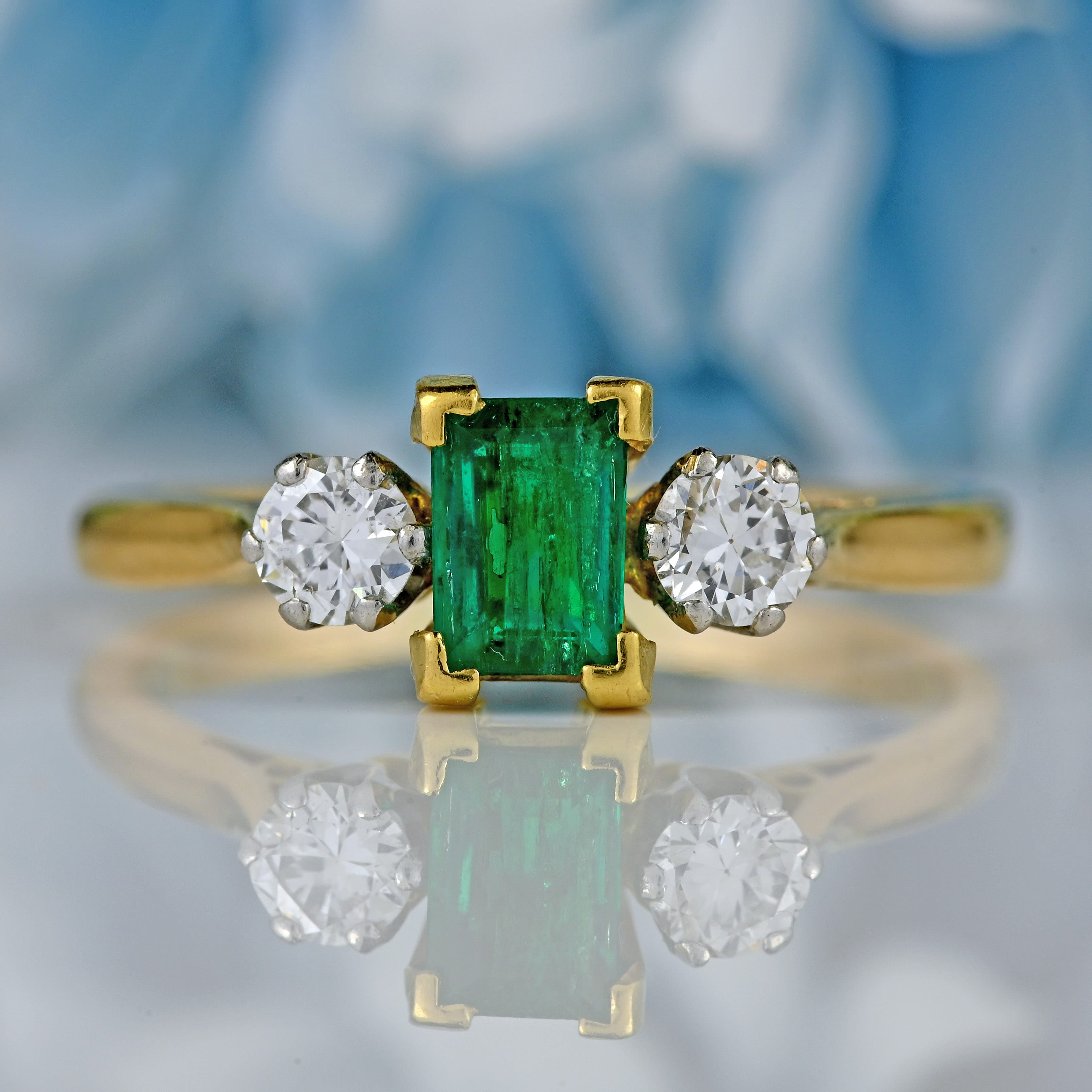 Ellibelle Jewellery Vintage Emerald & Diamond 18ct Gold Three-Stone Trilogy Engagement Ring