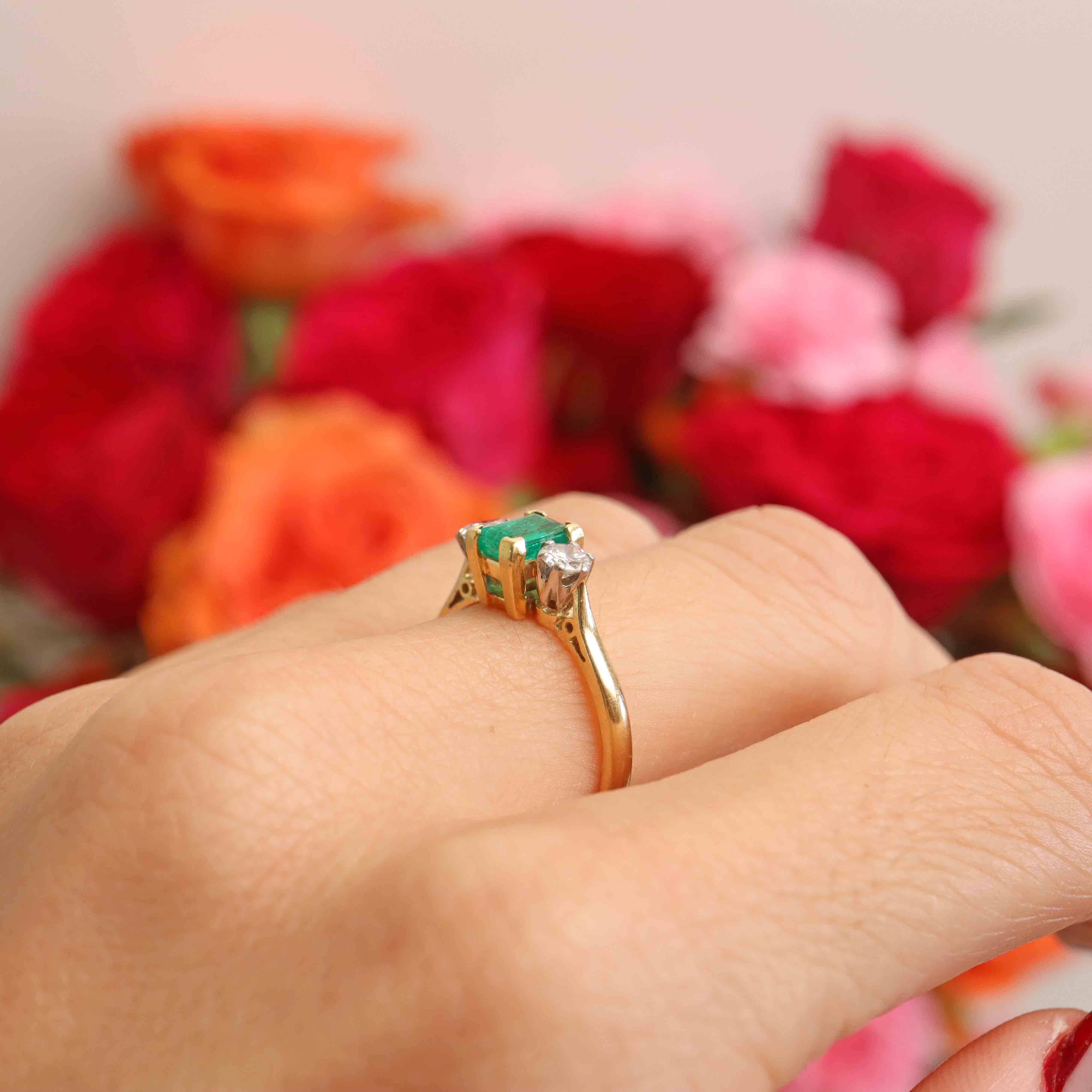 Ellibelle Jewellery Vintage Emerald & Diamond 18ct Gold Three-Stone Trilogy Engagement Ring