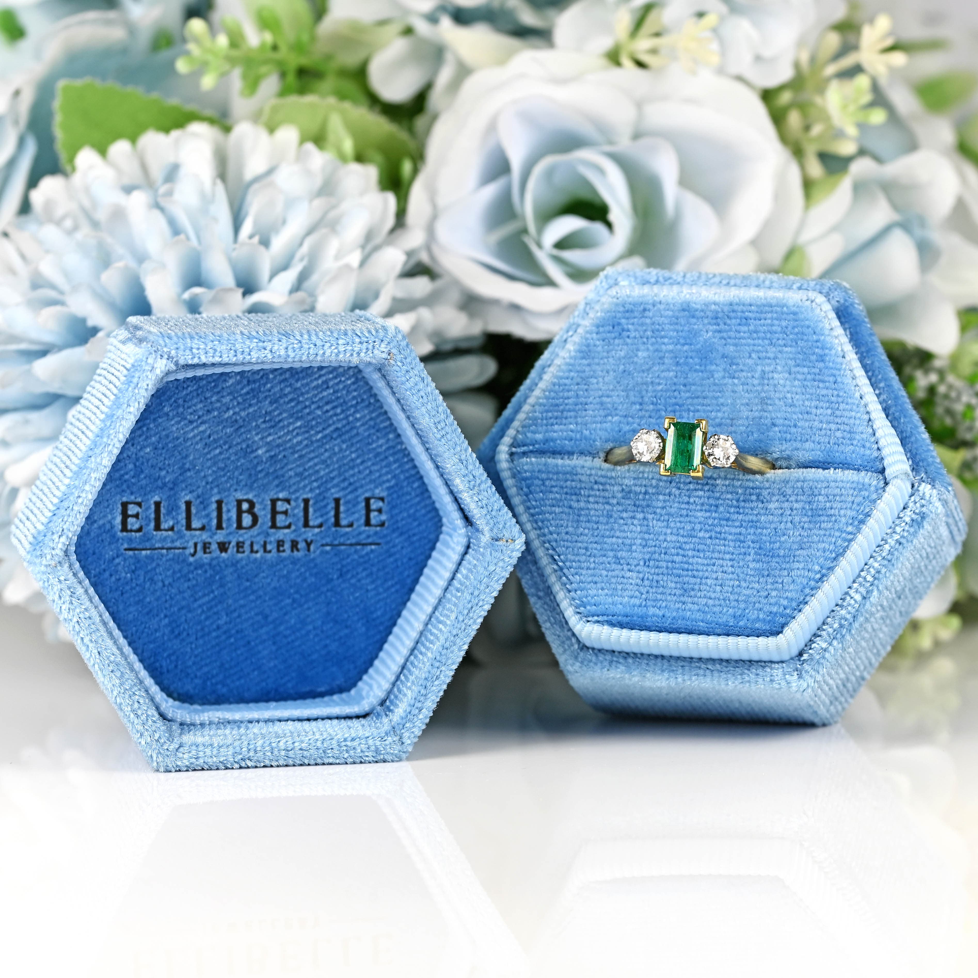 Ellibelle Jewellery Vintage Emerald & Diamond 18ct Gold Three-Stone Trilogy Engagement Ring