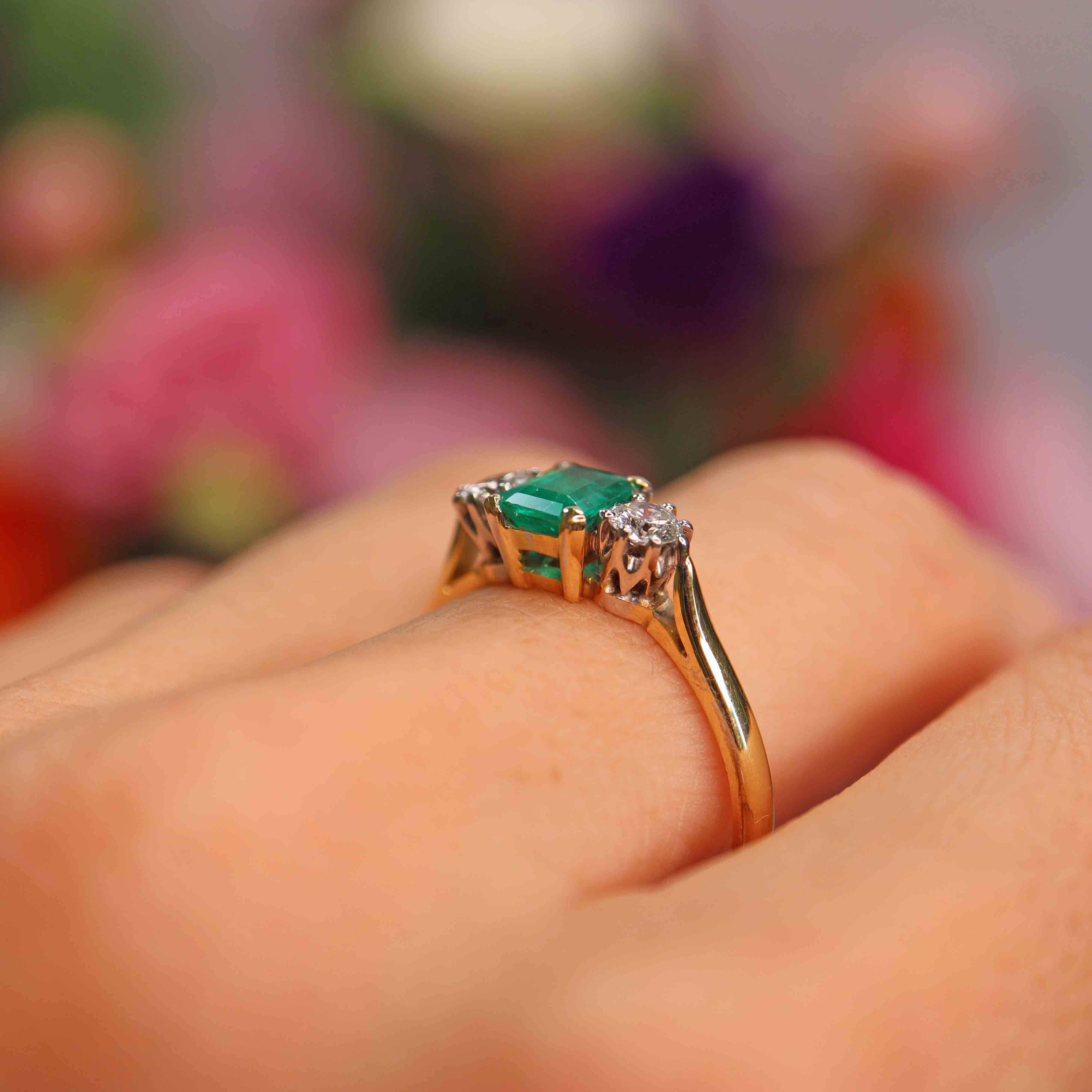 Ellibelle Jewellery Vintage Emerald & Diamond 18ct Gold Three-Stone Trilogy Ring (0.73cts)