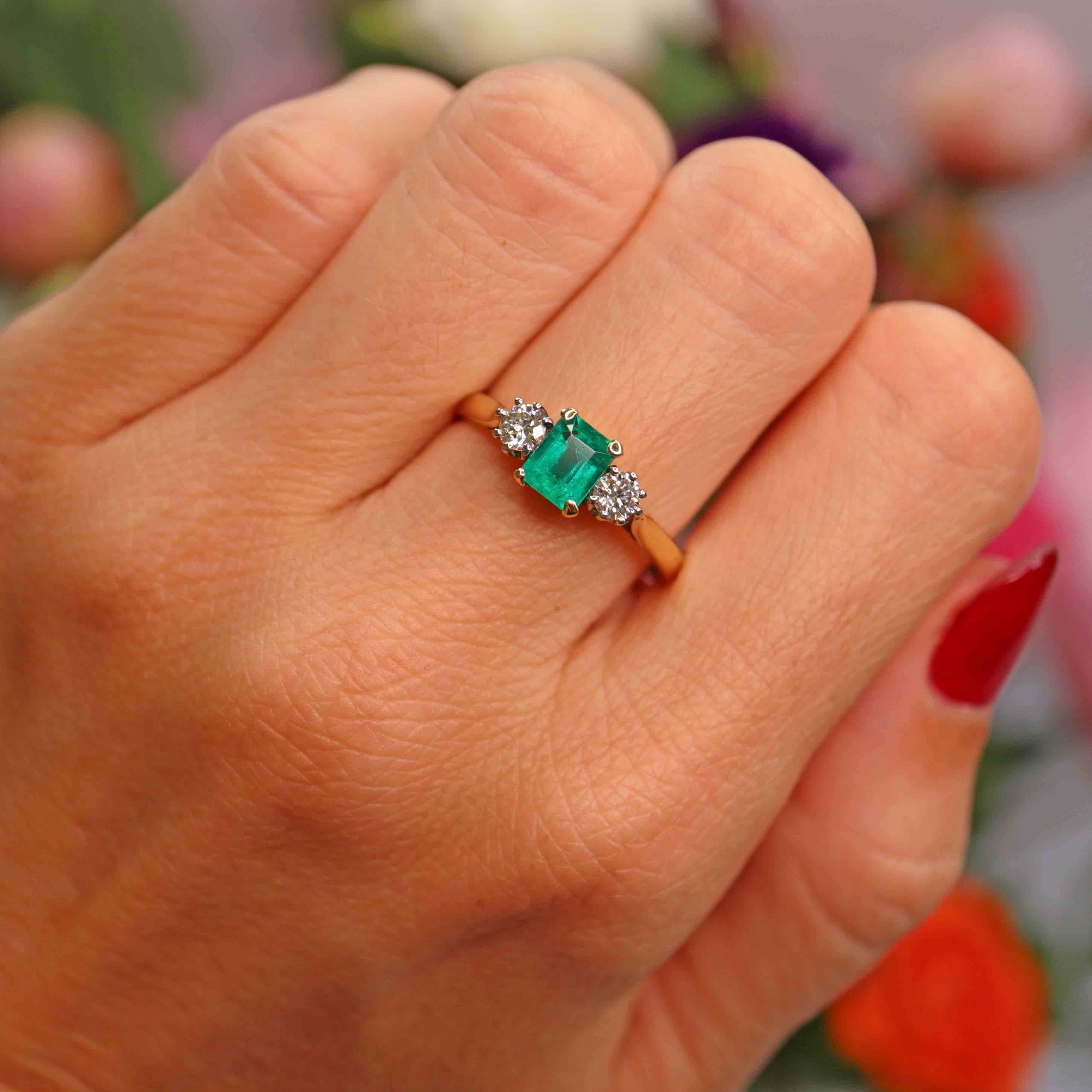 Ellibelle Jewellery Vintage Emerald & Diamond 18ct Gold Three-Stone Trilogy Ring (0.73cts)