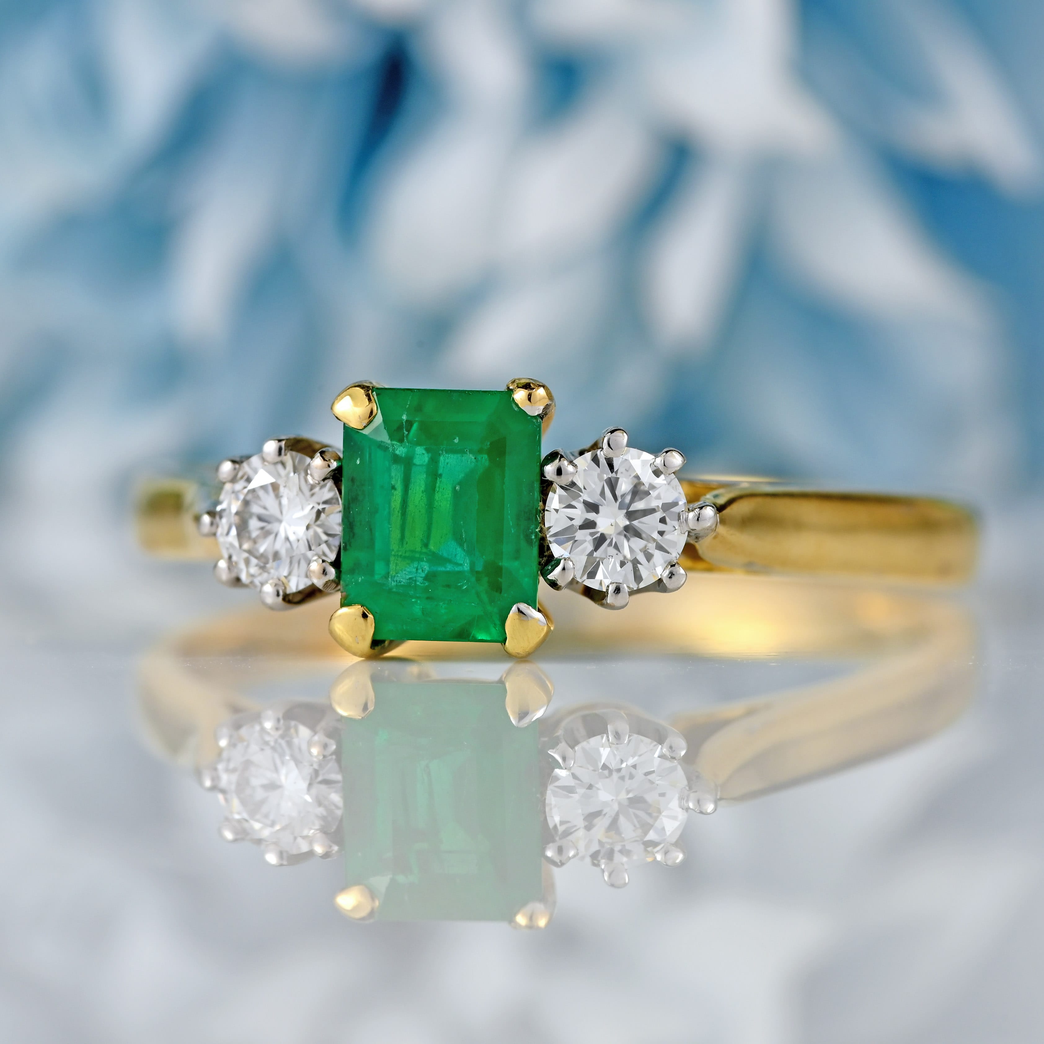 Ellibelle Jewellery Vintage Emerald & Diamond 18ct Gold Three-Stone Trilogy Ring (0.73cts)
