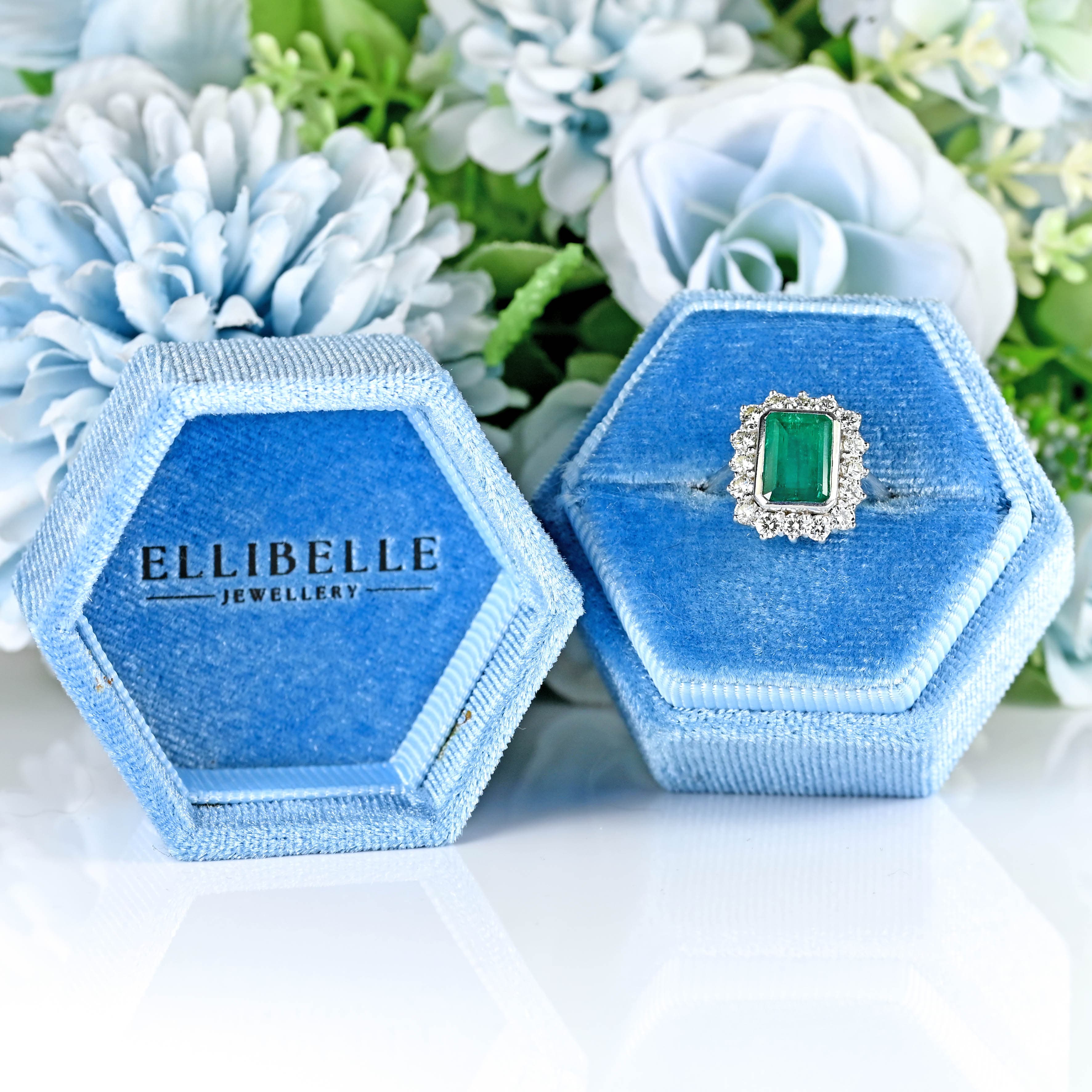 Ellibelle Jewellery Vintage Emerald & Diamond 18ct White Gold Cluster Engagement Ring (2.75cts)