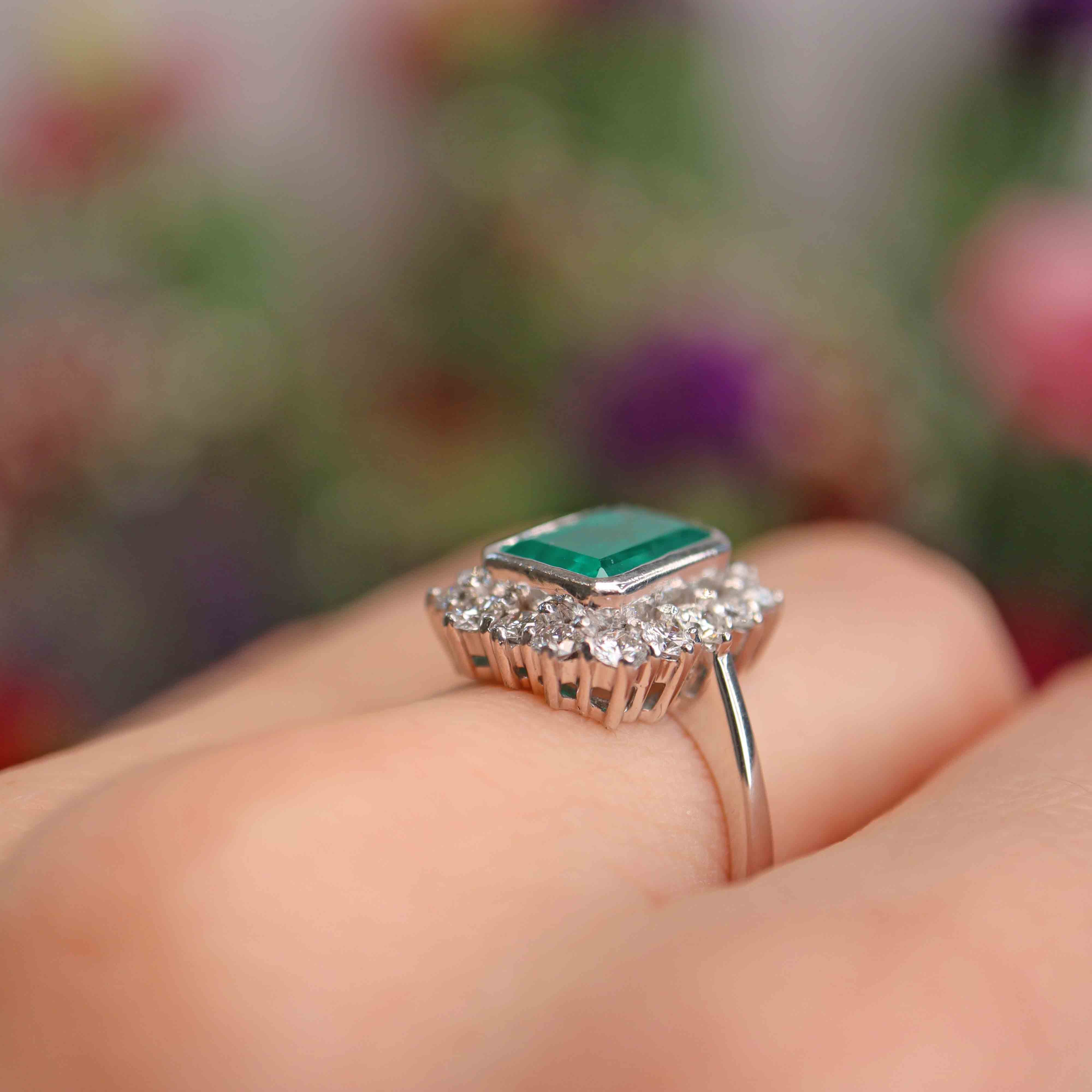 Ellibelle Jewellery Vintage Emerald & Diamond 18ct White Gold Cluster Engagement Ring (2.75cts)