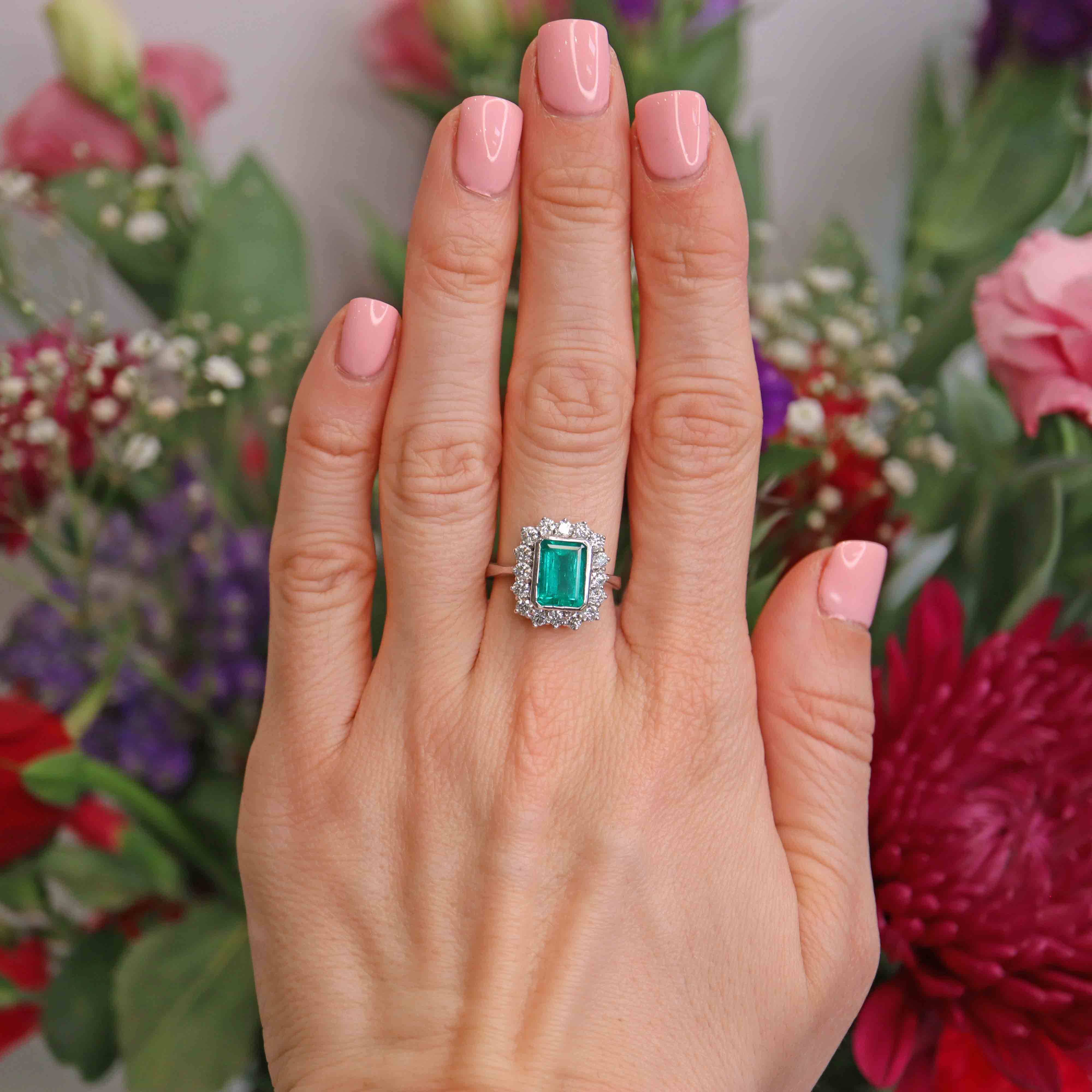 Ellibelle Jewellery Vintage Emerald & Diamond 18ct White Gold Cluster Engagement Ring (2.75cts)