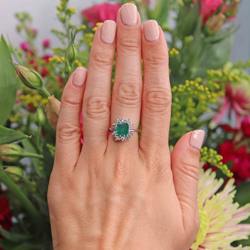 Ellibelle Jewellery Vintage Emerald & Diamond 18ct White Gold Cluster Engagement Ring