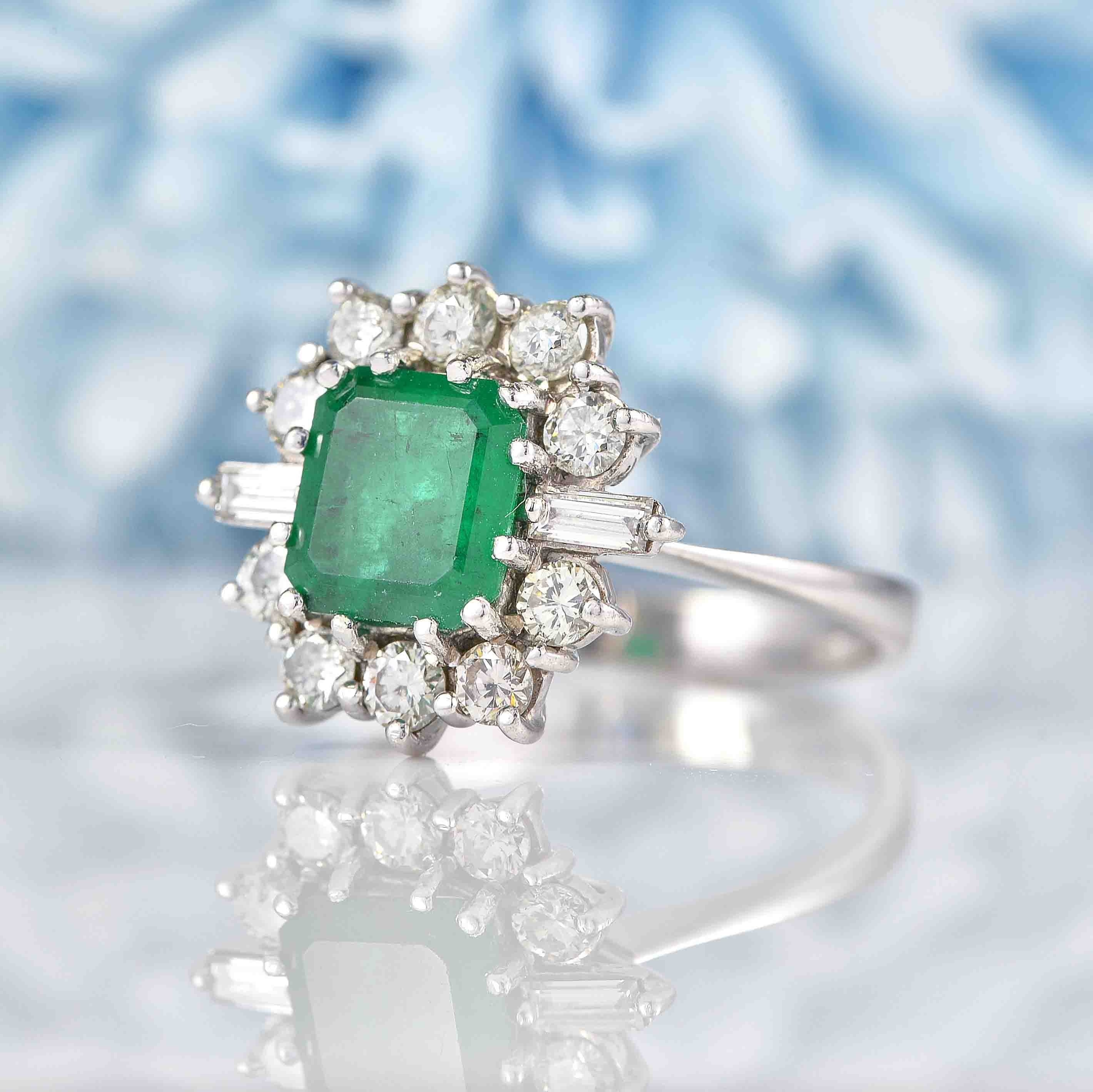 Ellibelle Jewellery Vintage Emerald & Diamond 18ct White Gold Cluster Engagement Ring