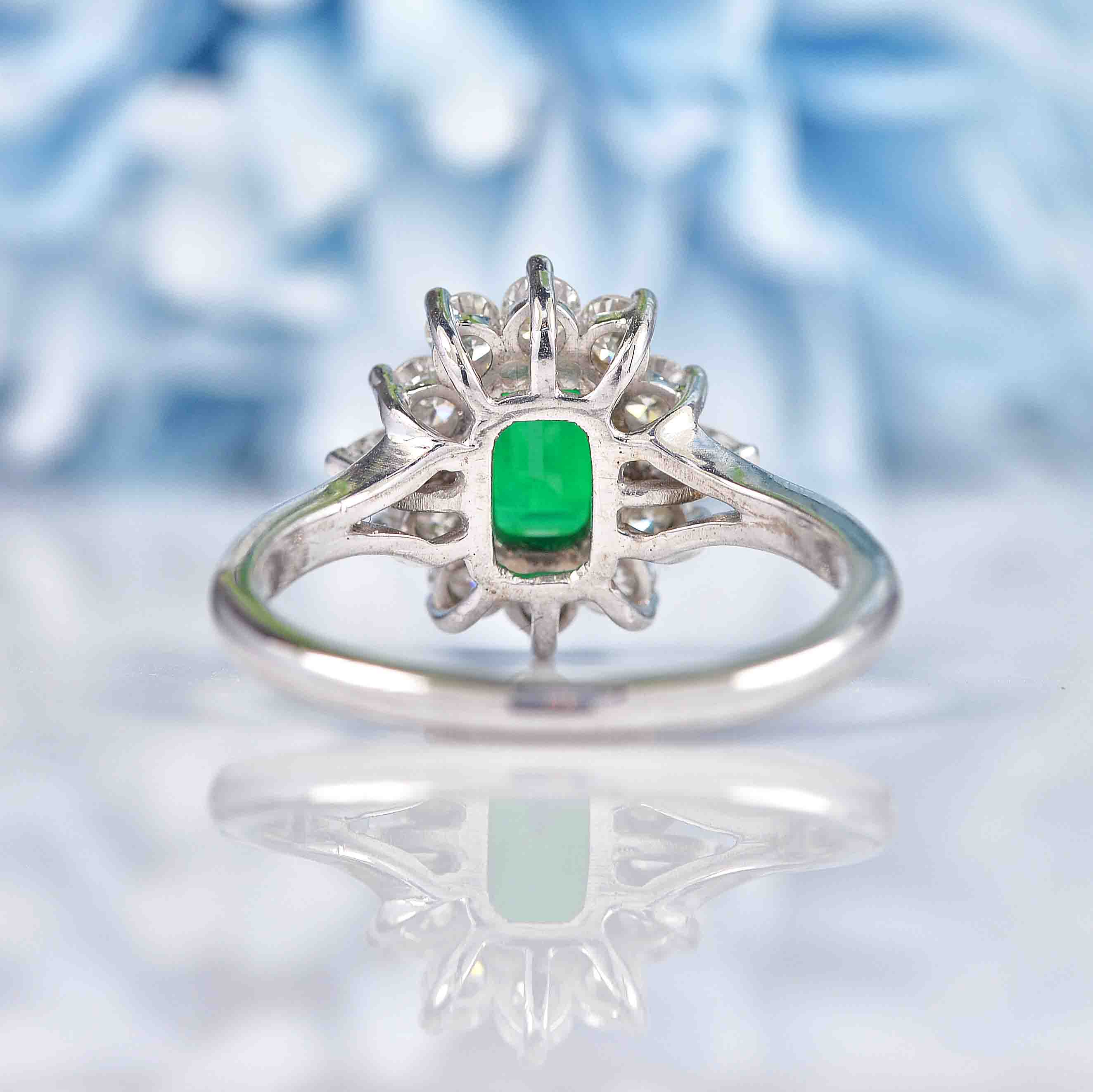 Ellibelle Jewellery Vintage Emerald & Diamond 18ct White Gold Cluster Engagement Ring