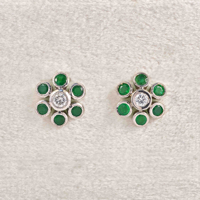 Ellibelle Jewellery Vintage Emerald & Diamond White Gold Daisy Cluster Earrings