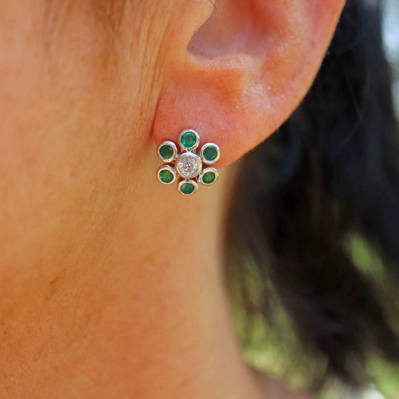 Ellibelle Jewellery Vintage Emerald & Diamond White Gold Daisy Cluster Earrings