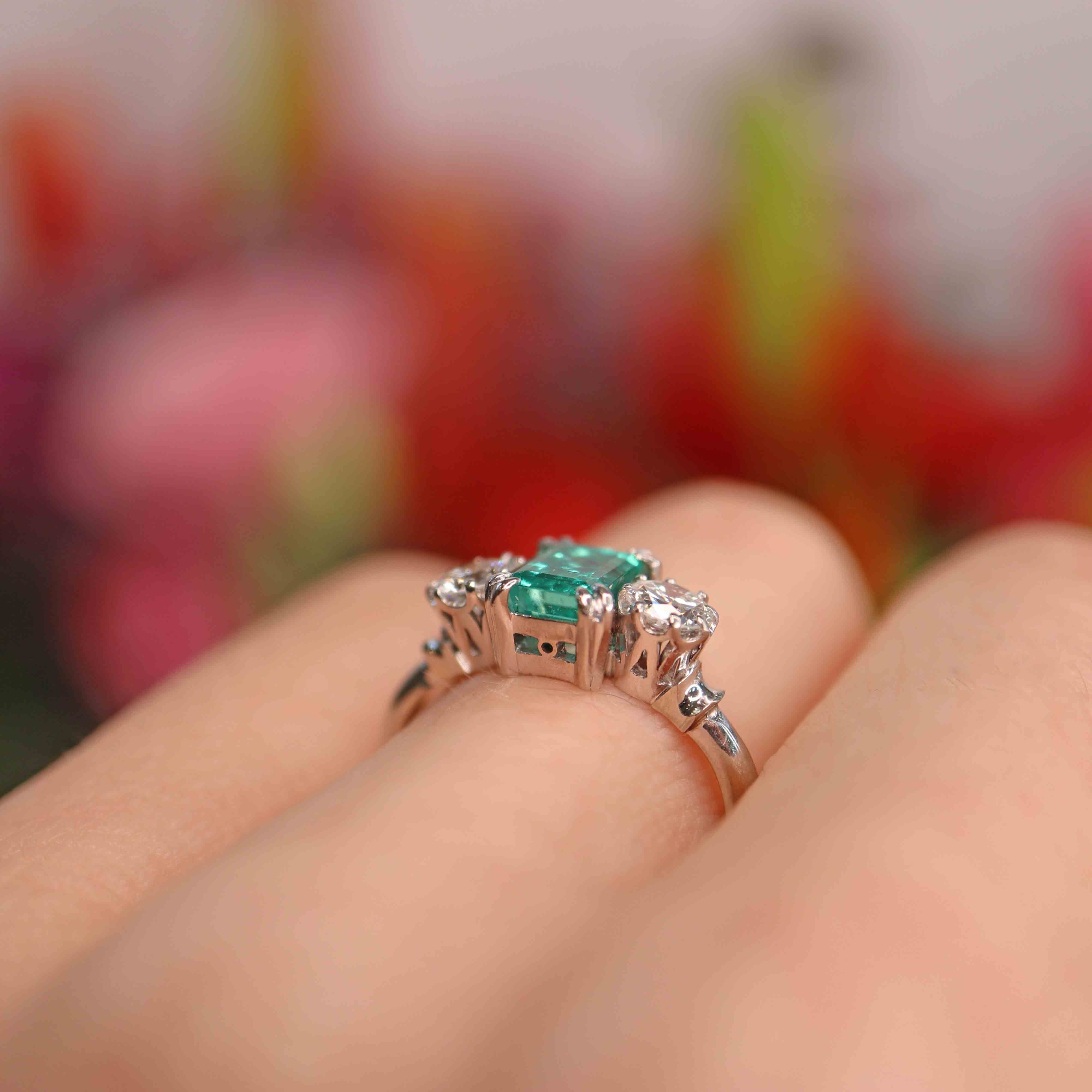 Ellibelle Jewellery Vintage Emerald & Diamond White Gold Three-Stone Engagement Ring (0.88cts)