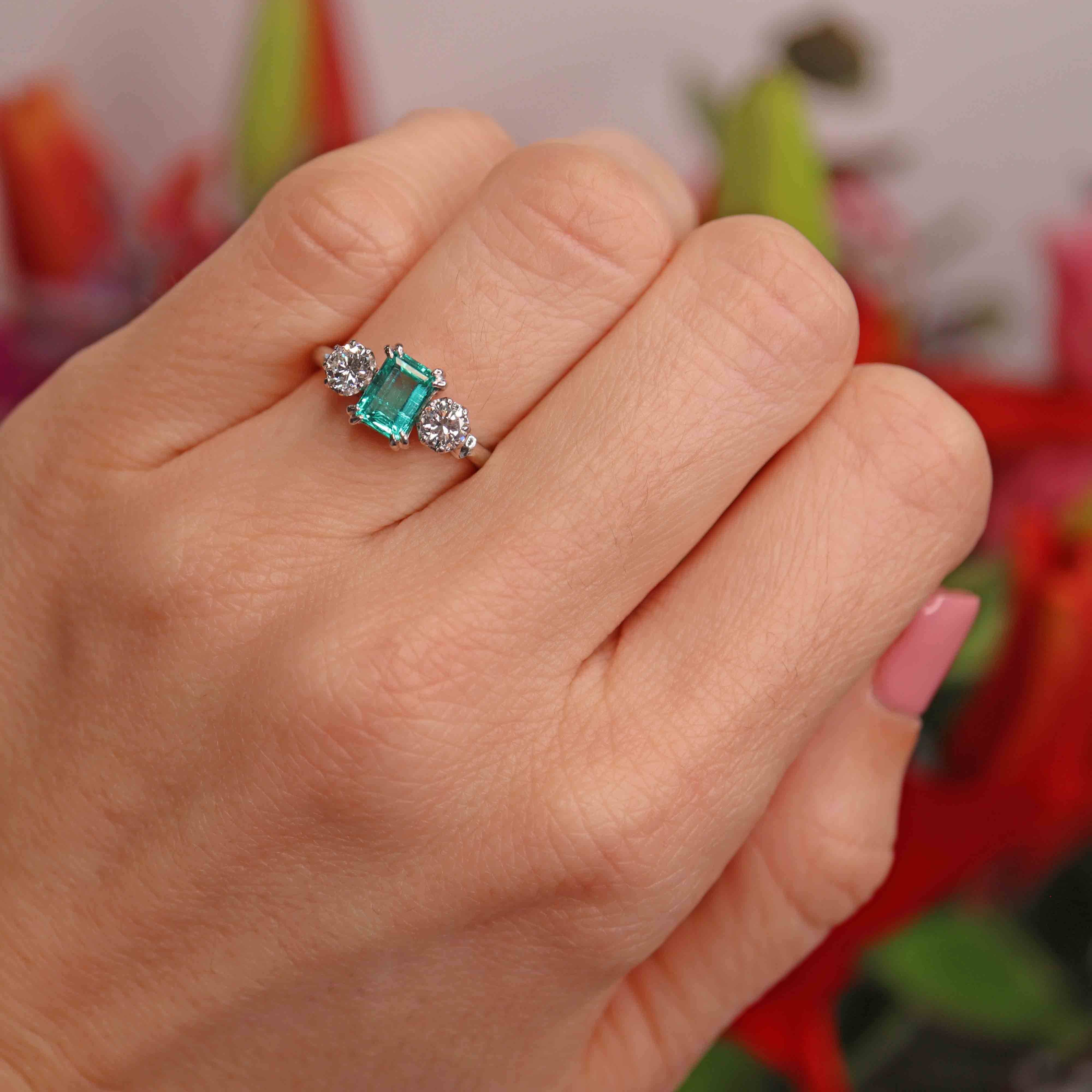 Ellibelle Jewellery Vintage Emerald & Diamond White Gold Three-Stone Engagement Ring (0.88cts)