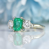 Ellibelle Jewellery Vintage Emerald & Diamond White Gold Three-Stone Engagement Ring (0.88cts)