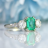 Ellibelle Jewellery Vintage Emerald & Diamond White Gold Three-Stone Engagement Ring (0.88cts)