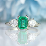 Ellibelle Jewellery Vintage Emerald & Diamond White Gold Three-Stone Engagement Ring (0.88cts)