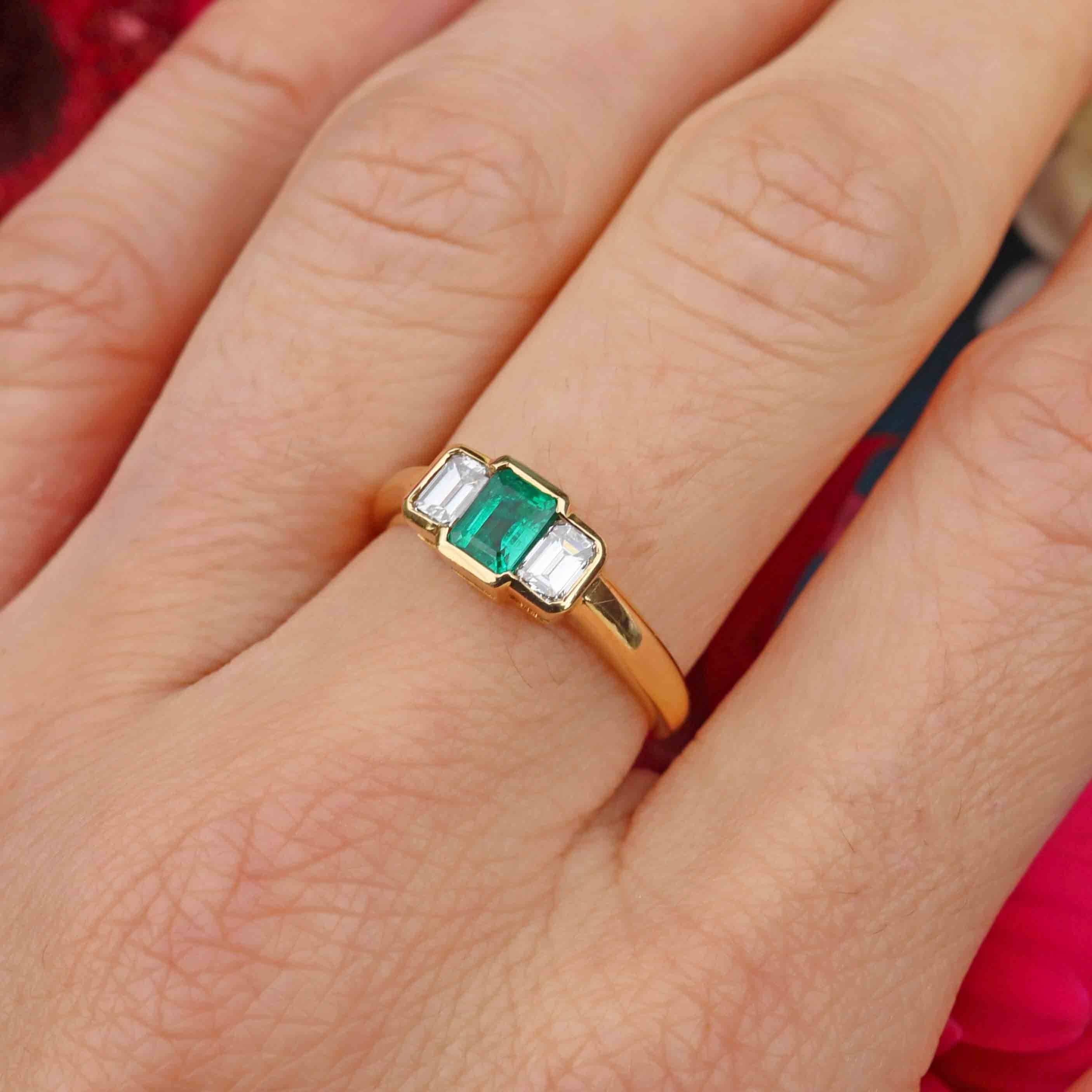Ellibelle Jewellery Vintage Emerald & Emerald-Cut Diamond 18ct Gold Three-Stone Engagement Ring