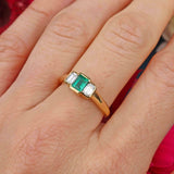 Ellibelle Jewellery Vintage Emerald & Emerald-Cut Diamond 18ct Gold Three-Stone Engagement Ring