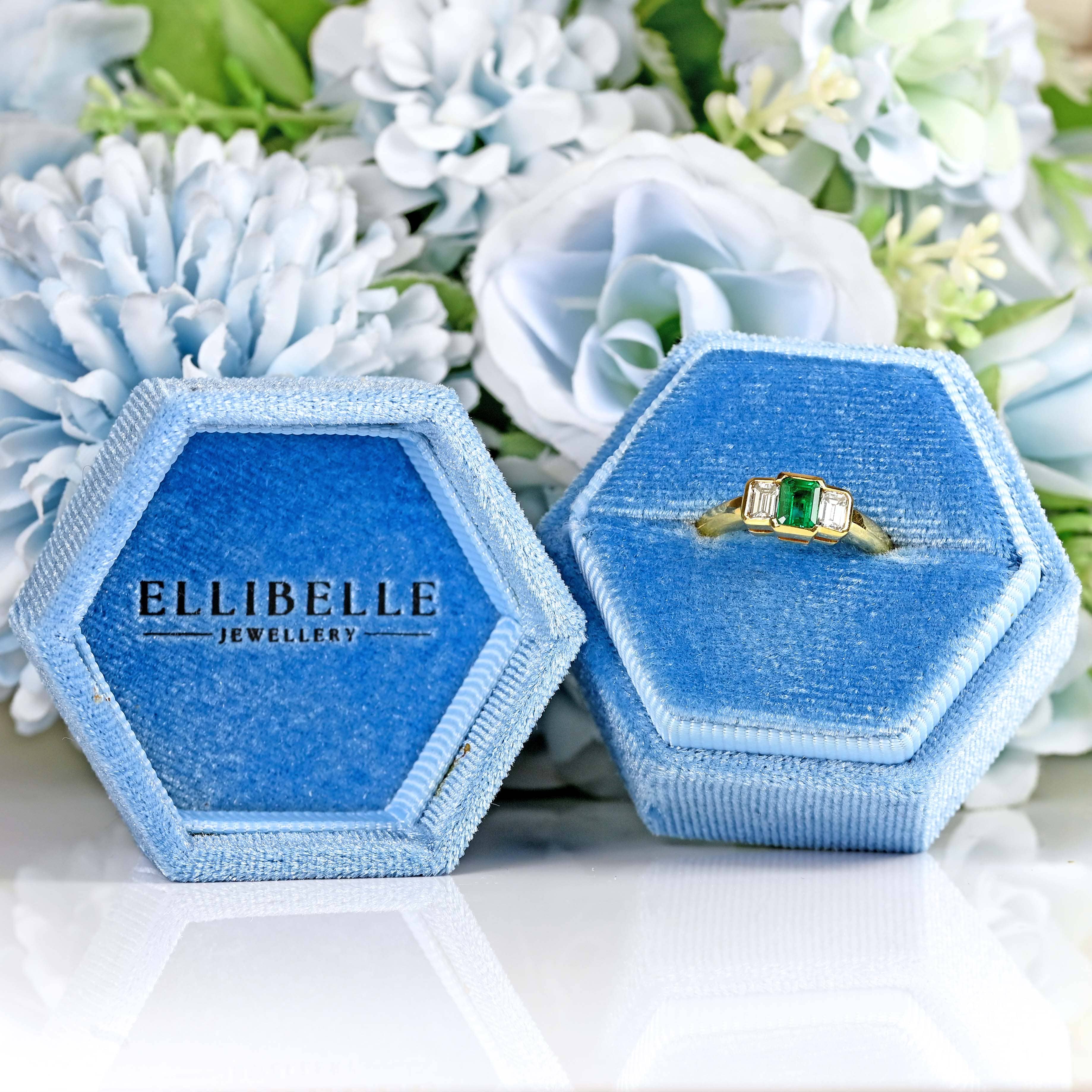 Ellibelle Jewellery Vintage Emerald & Emerald-Cut Diamond 18ct Gold Three-Stone Engagement Ring