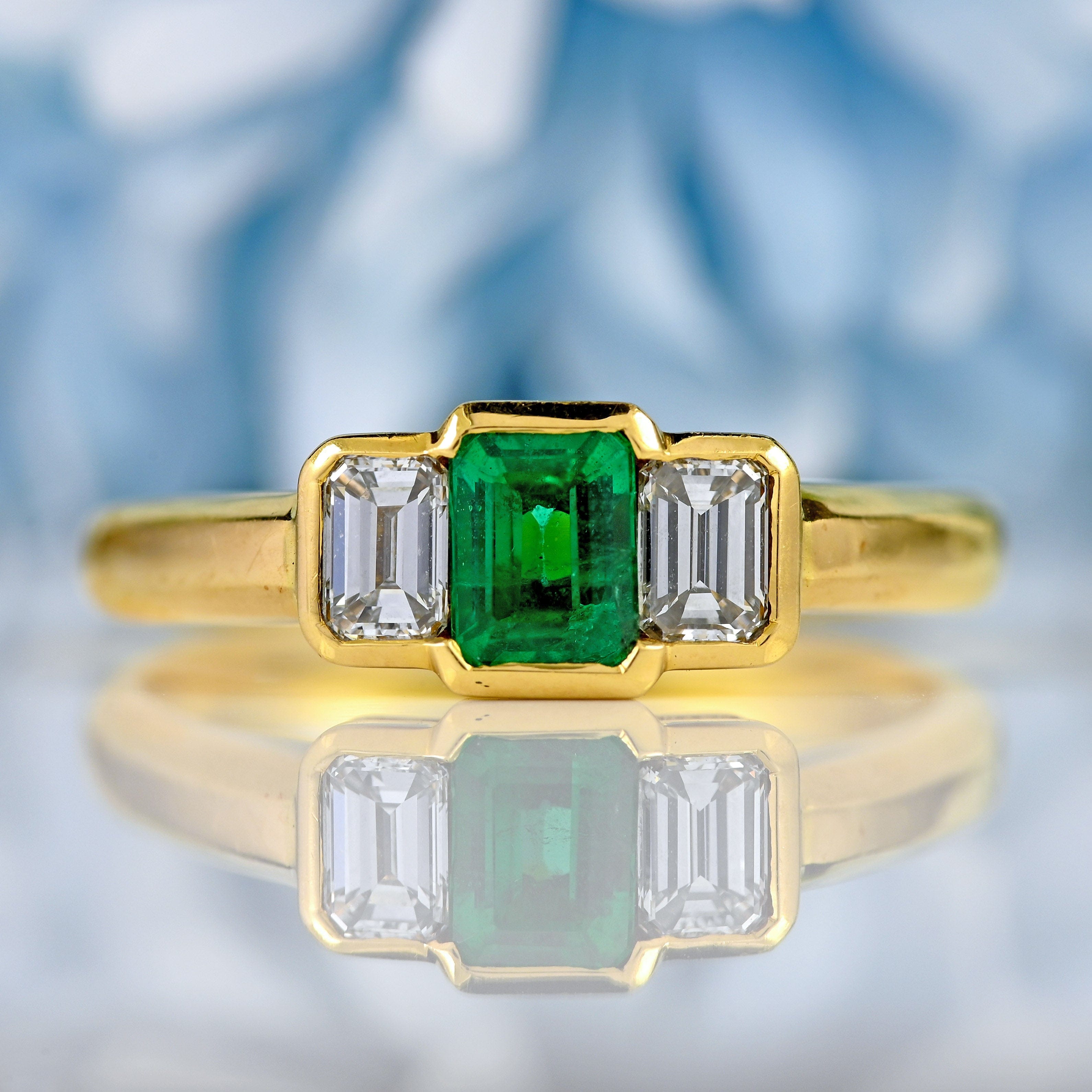 Ellibelle Jewellery Vintage Emerald & Emerald-Cut Diamond 18ct Gold Three-Stone Engagement Ring