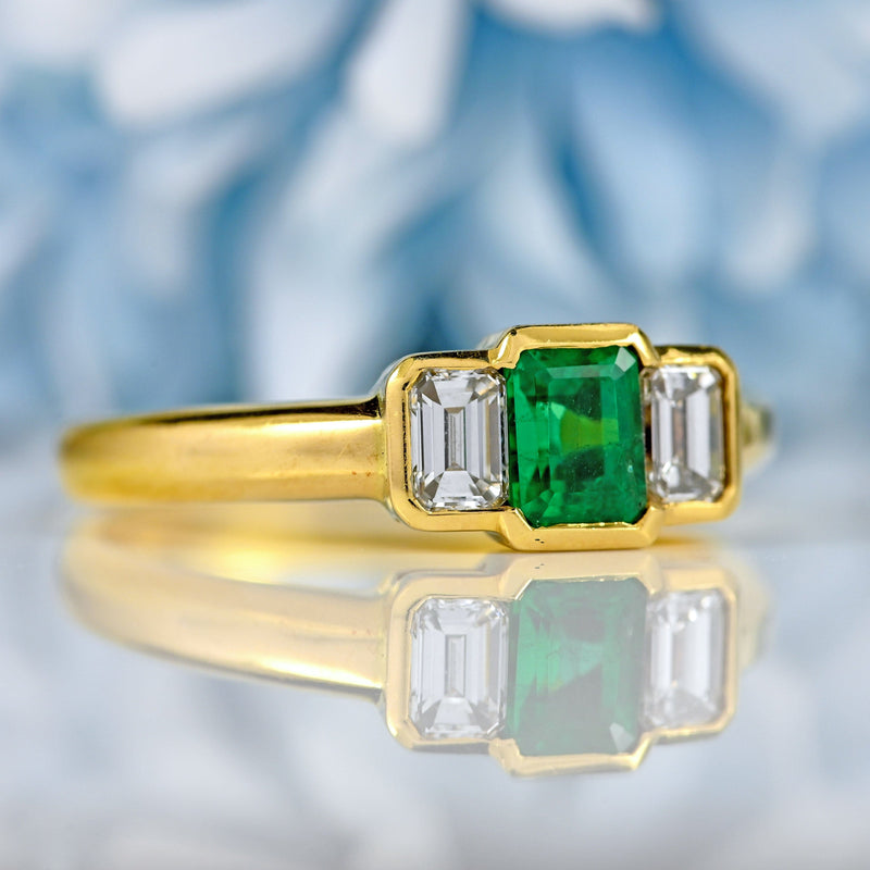 Ellibelle Jewellery Vintage Emerald & Emerald-Cut Diamond 18ct Gold Three-Stone Engagement Ring