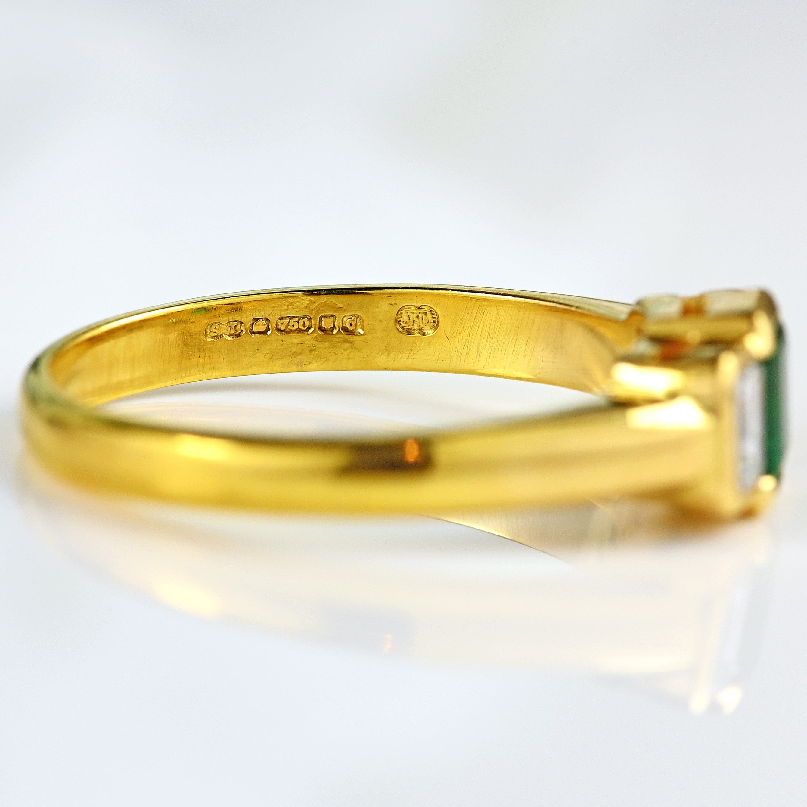 Ellibelle Jewellery Vintage Emerald & Emerald-Cut Diamond 18ct Gold Three-Stone Engagement Ring