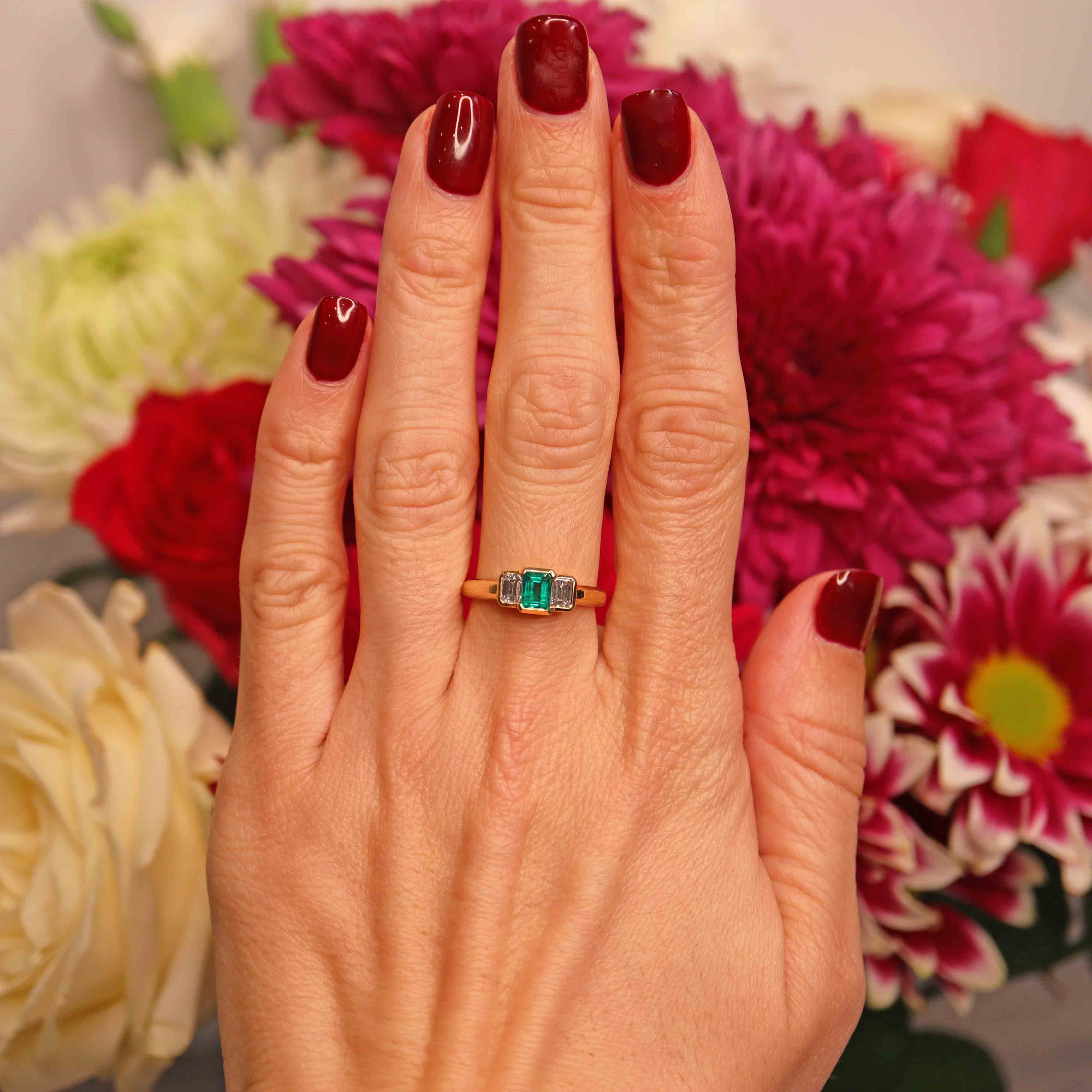 Ellibelle Jewellery Vintage Emerald & Emerald-Cut Diamond 18ct Gold Three-Stone Engagement Ring