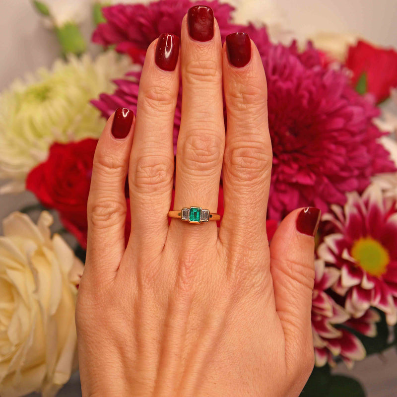 Ellibelle Jewellery Vintage Emerald & Emerald-Cut Diamond 18ct Gold Three-Stone Engagement Ring