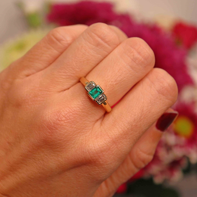 Ellibelle Jewellery Vintage Emerald & Emerald-Cut Diamond 18ct Gold Three-Stone Engagement Ring